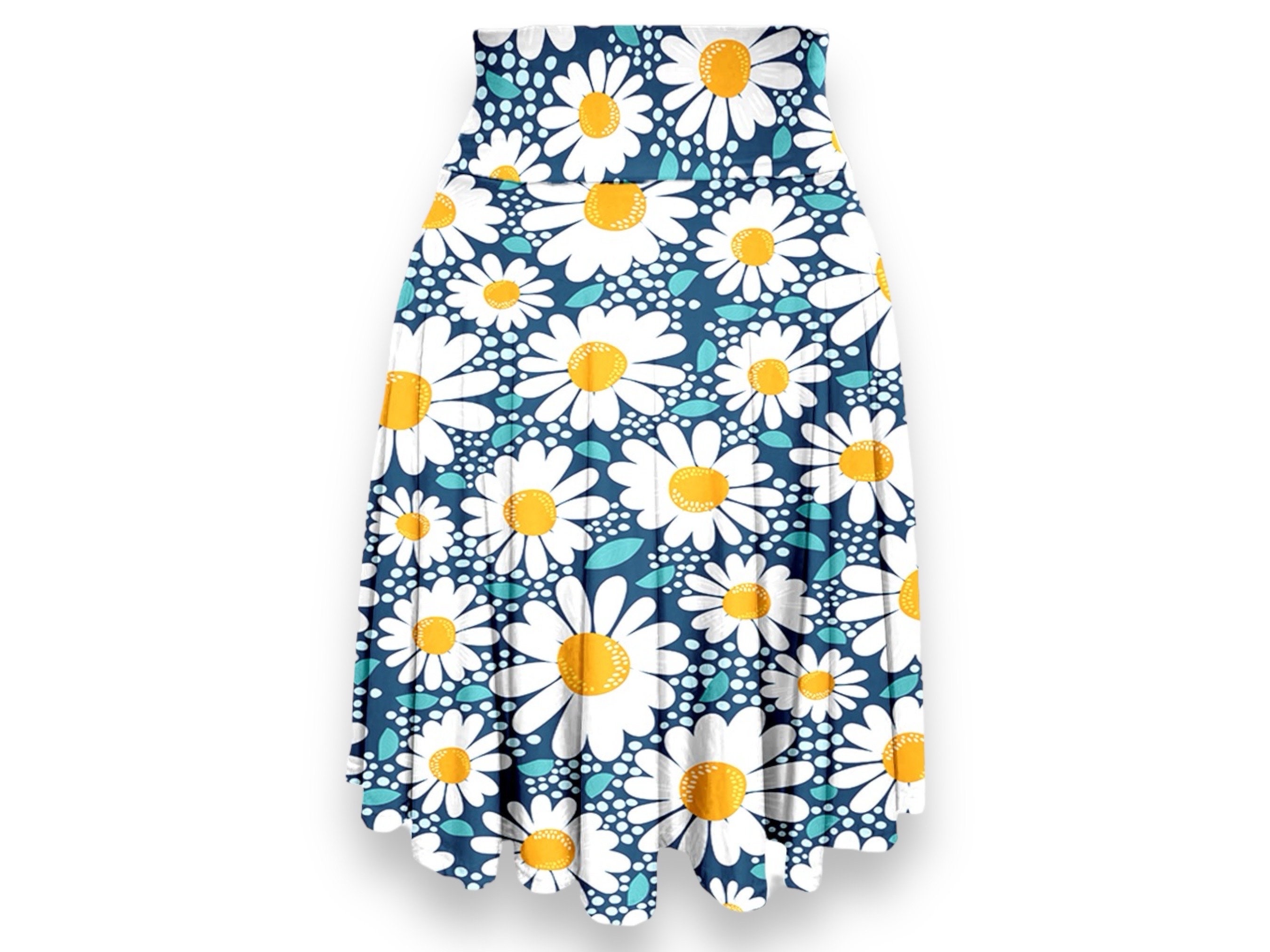 Daisy Print Knee Length Women's Skater Skirt | 4" wide high-rise elastic waistband | Women Summer Skater Skirt | Beaching Outfit