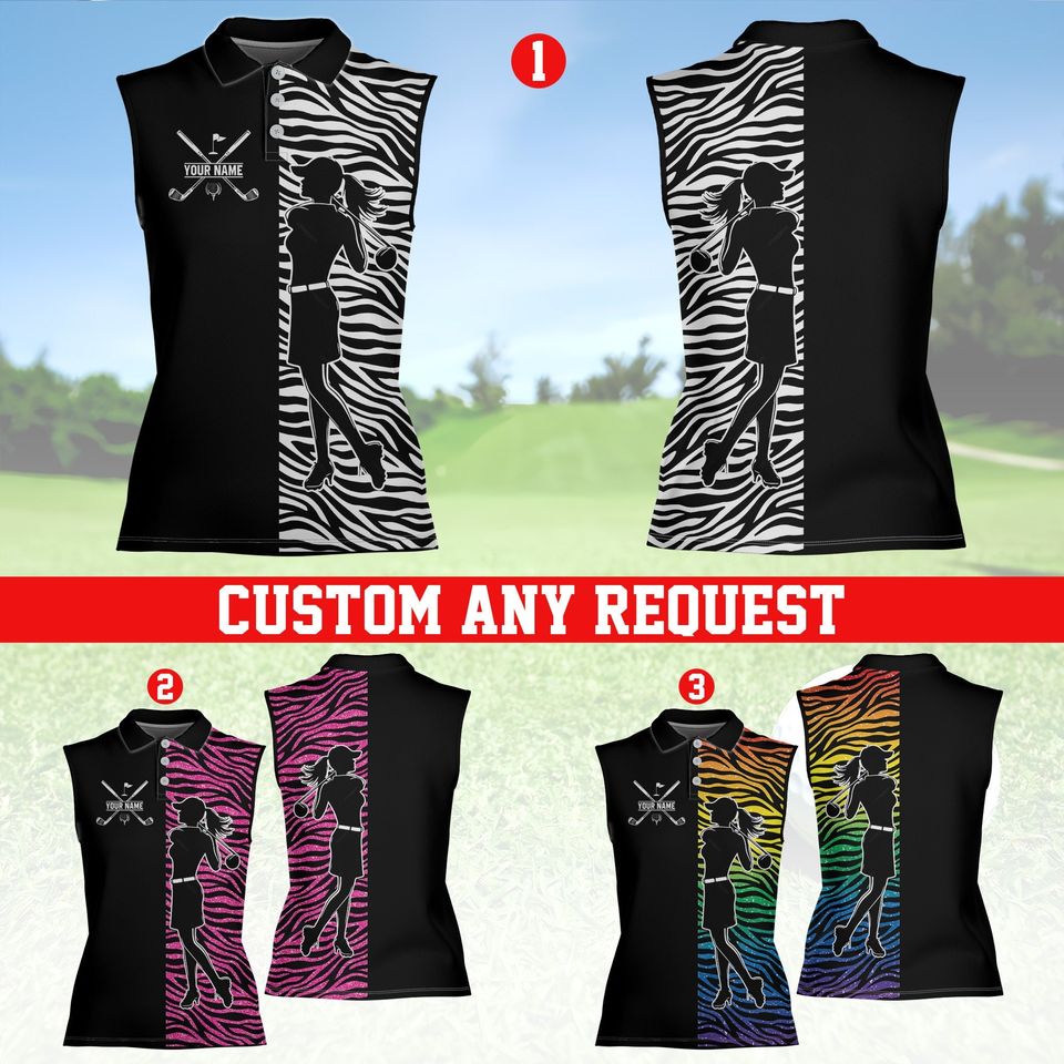 Personalized Zebra Golf Polo Shirt, Custom Name Women Sleeveless Polo, Rainbow Zebra Pink Zebra Glitter Polo Shirt, Gift For Ladies, Golfers