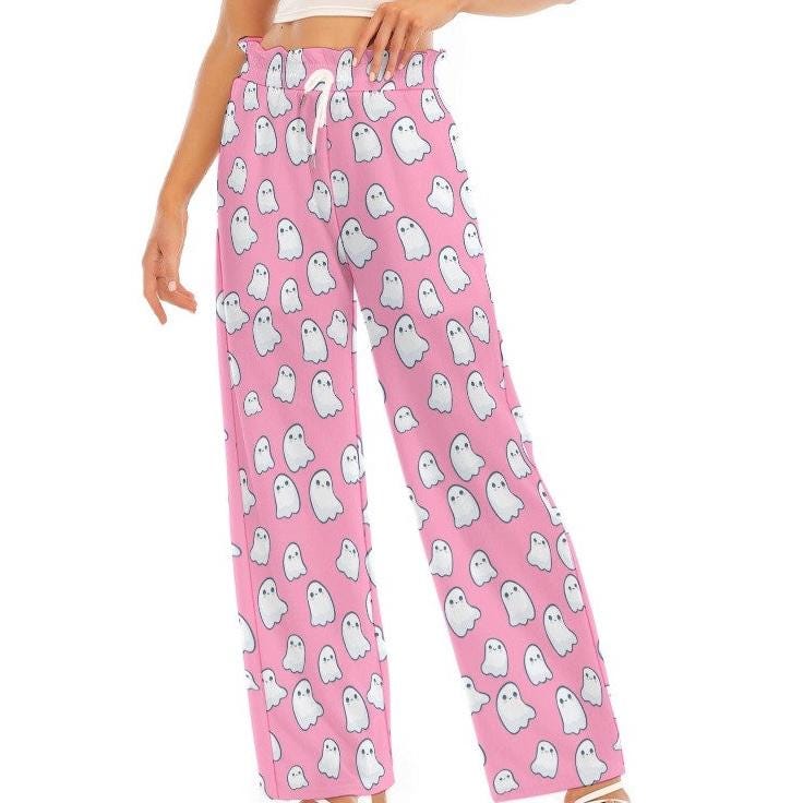 Pink with white Cutie Ghosts, Women's Waist ribbed Edge Wide-leg Pants