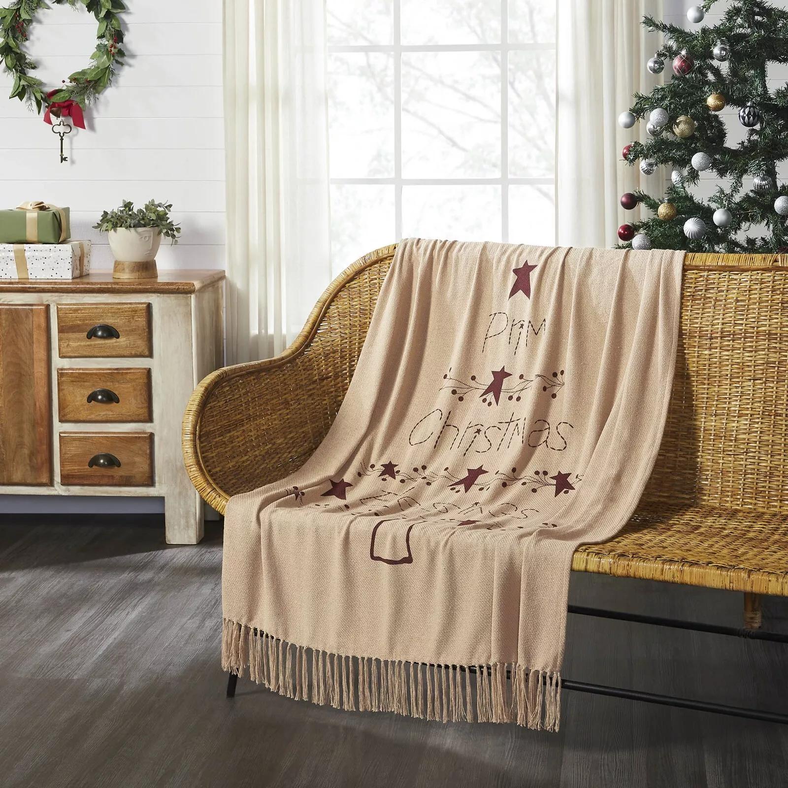 Gable Prim Christmas Blessings Woven Throw 50x60 Cotton Blend Burgundy Tan