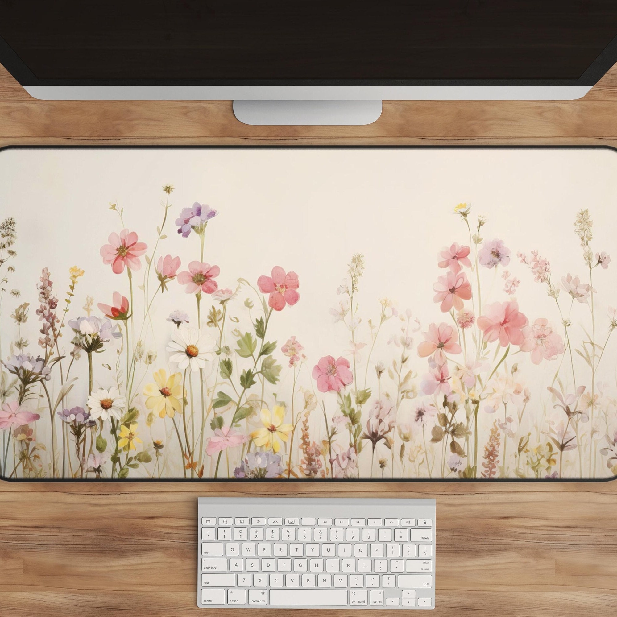 Pressed Flower Desk Mat - Aesthetic Mouse Pad, Girly Desk Accessories, Pastel Floral Design