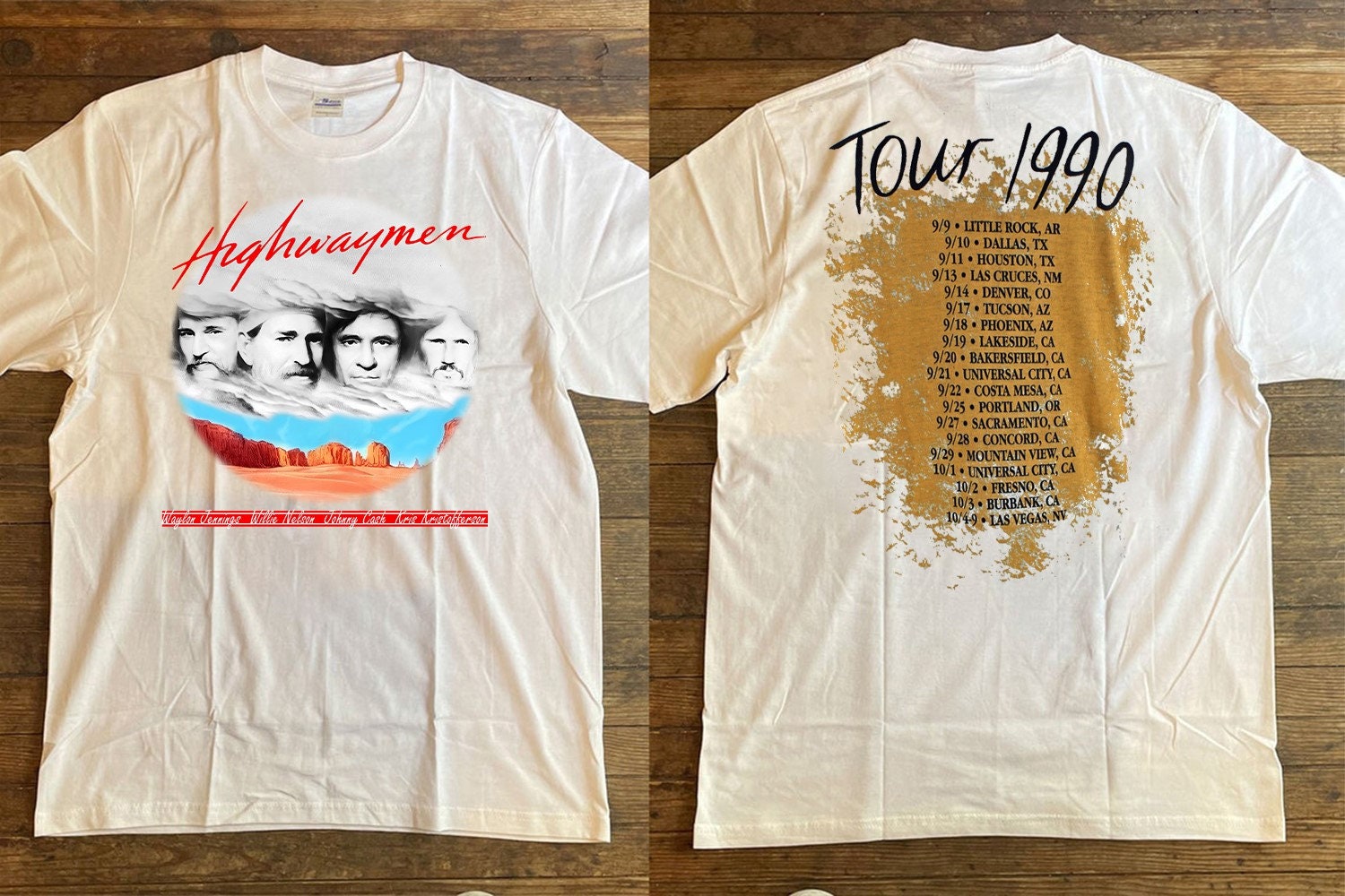 The Highwaymen Nelson Johnny Cash 1990 Vintage Tour Double Sided Unisex T-Shirt