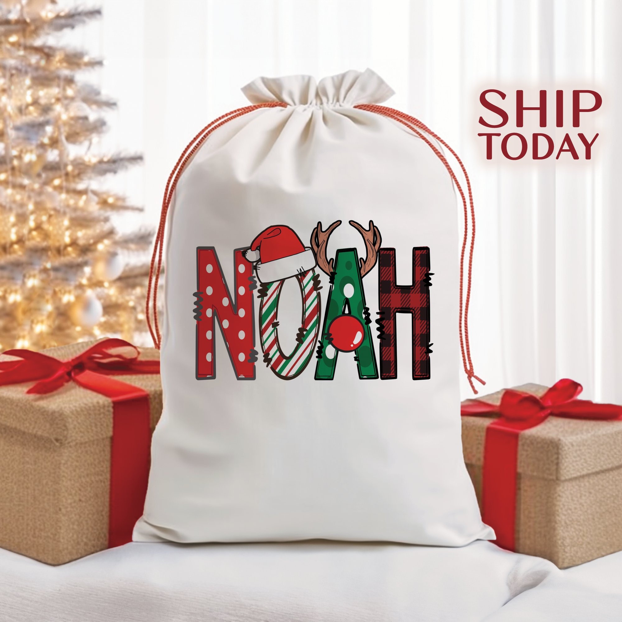 Personalized Christmas Bags With Name For Baby, Christmas Baby Shower Bag, Custom Baby initial ,1st Christmas Gift, Xmas Bag
