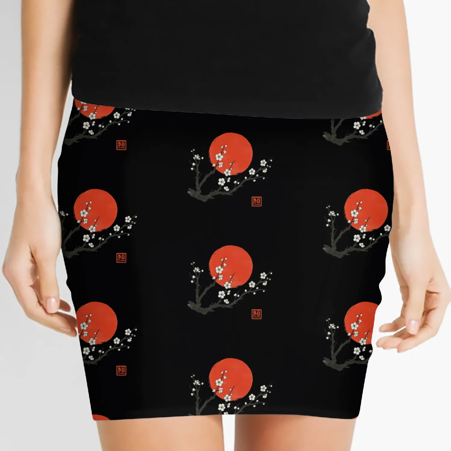Cherry Blossom and Red Sun – Japanese Sumi-e Ink S Women's Mini Skirts