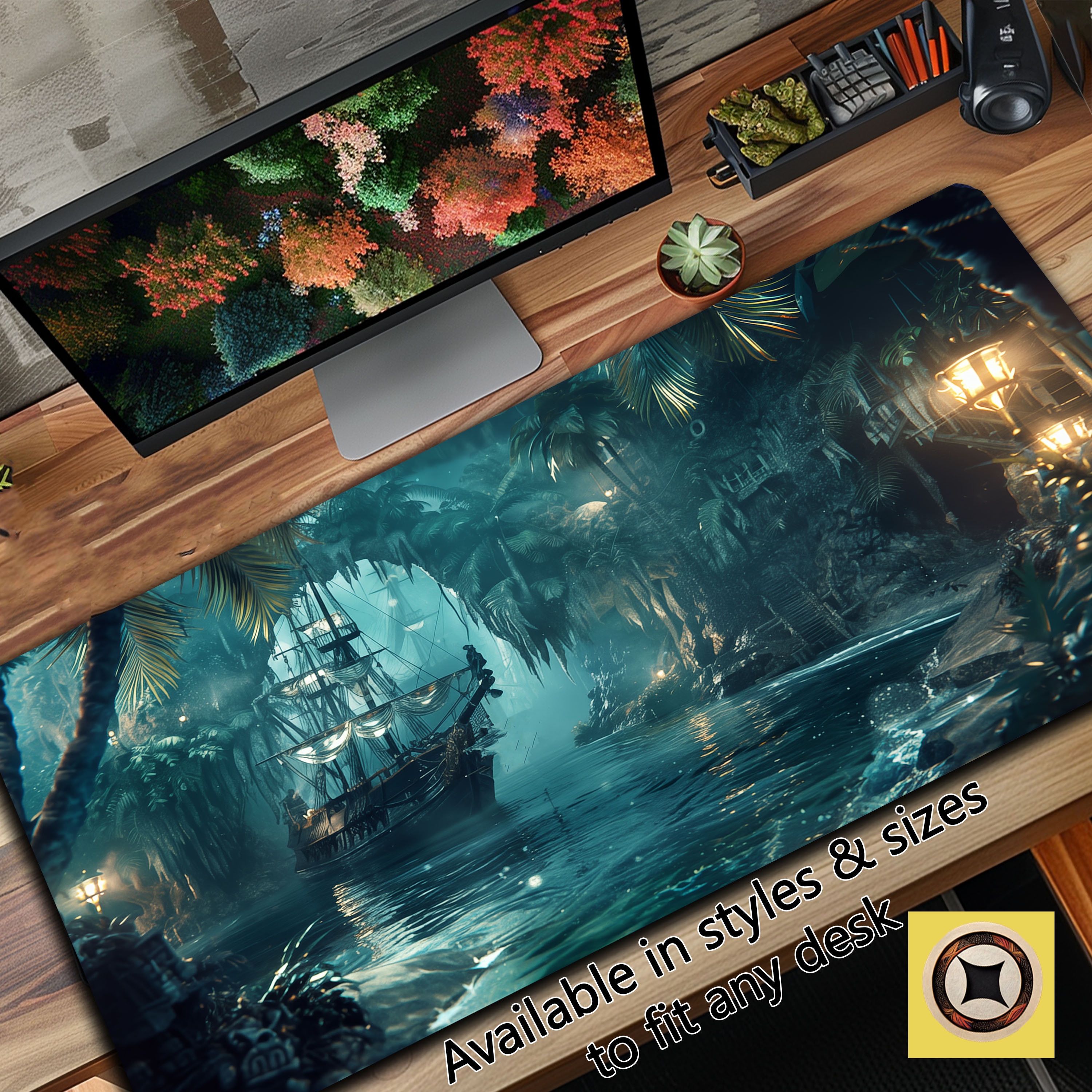 Gaming Playmat Desk Mat with Pirate Ship Scene in Turquoise Waters