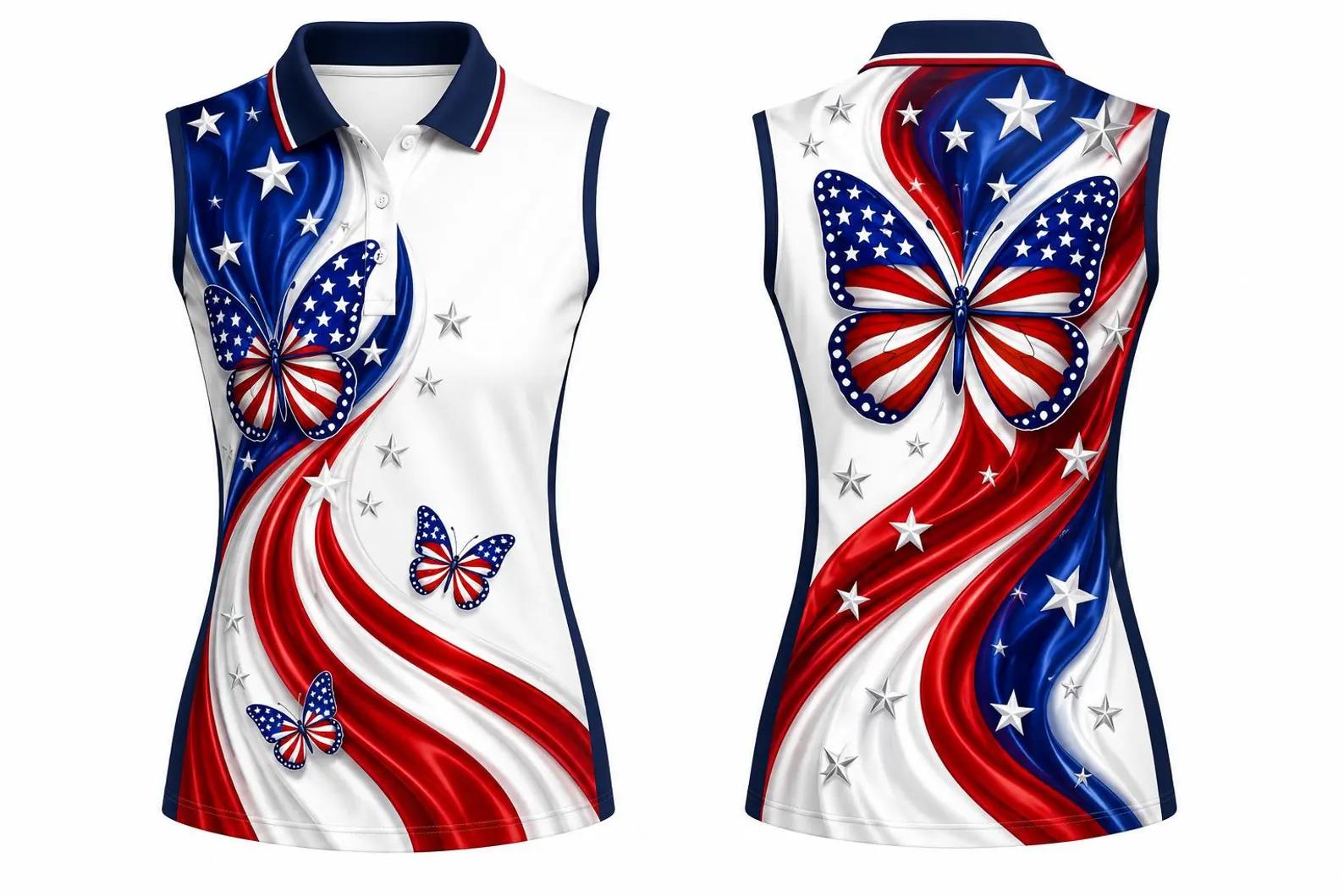 Patriotic Butterfly Sleeveless Polo Shirt for Women, American Flag Golf Polo, 4th of July Sport Shirt, USA Stars Summer Top, Gift for Her