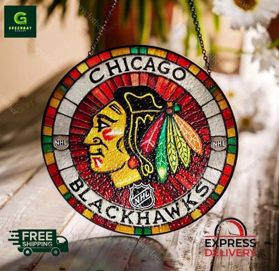 Chicago Hockey Team Blackhawkss Suncatcher Stained Glass Window Hanging Decor