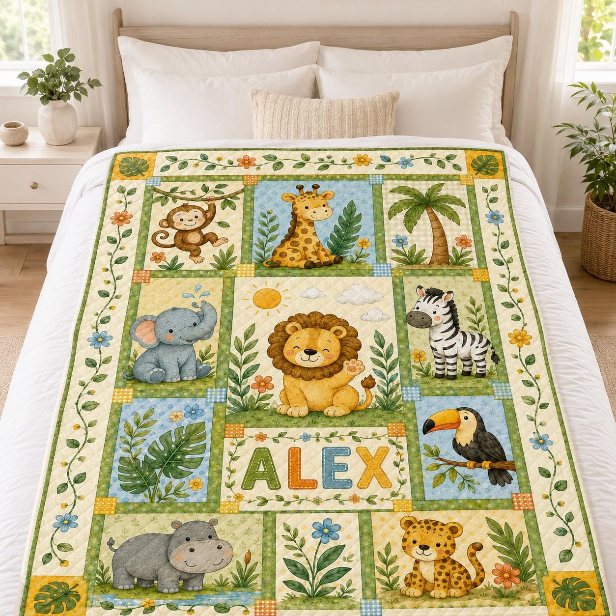 Personalized Safari Quilt Blanket, Custom Baby Name Jungle Animal Nursery Quilt, Baby Shower Gift for Boy Girl