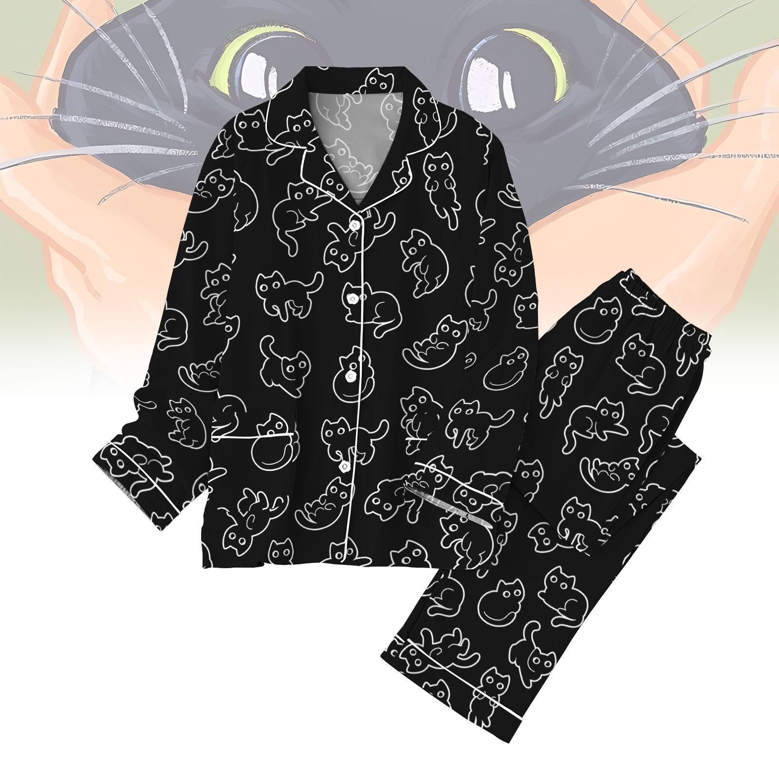 Black Cats Pajamas Set, Funny Cat Womens Pajamas, Cute Animal Shirt, Family Pajamas For Party, Black Cats Midnight Shirt, Gift For Her