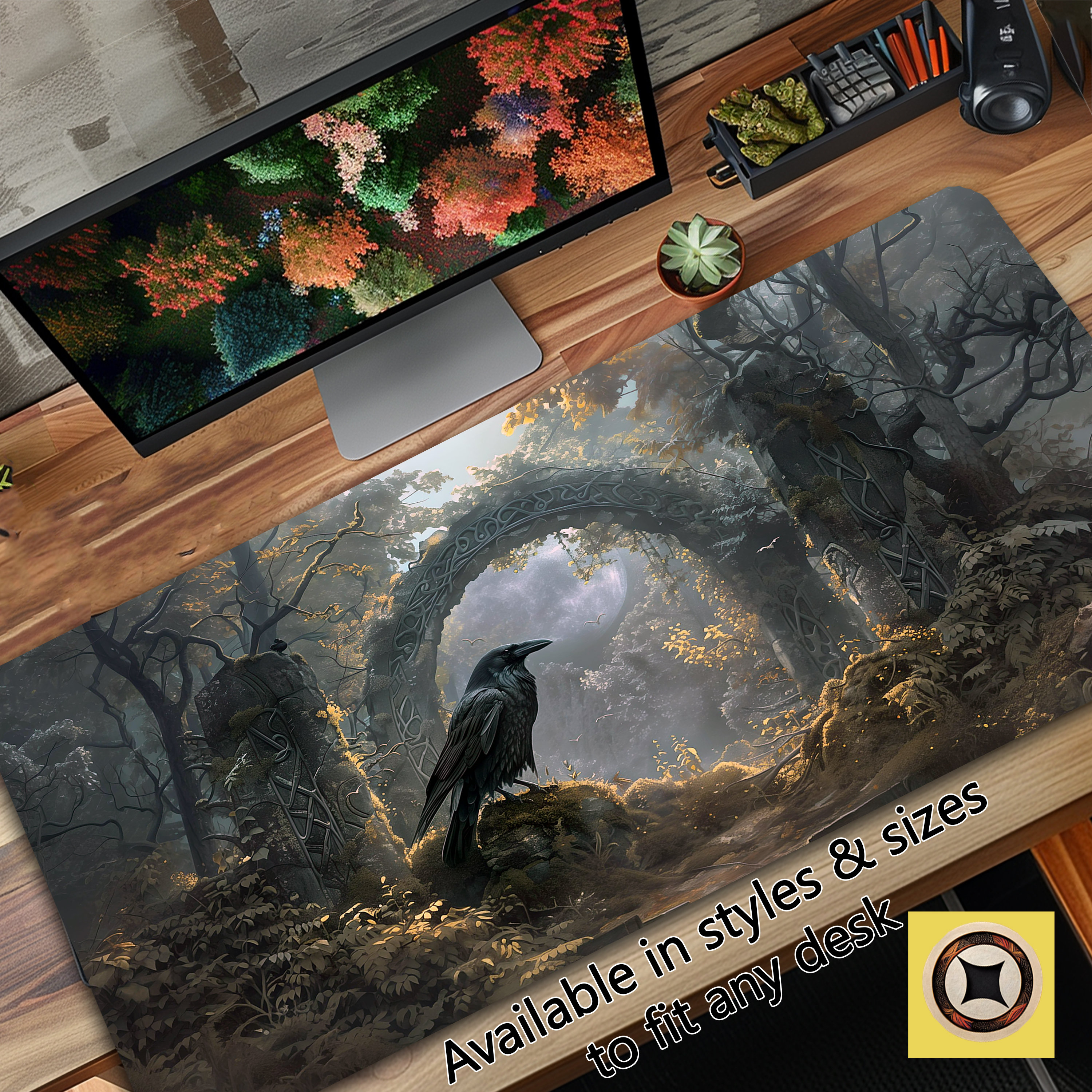 Viking Raven Gaming Desk Mat with Black Raven, Ancient Arch, and Rune Stones