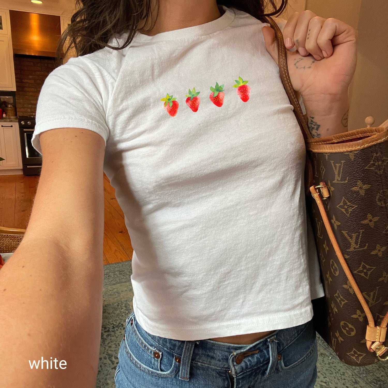 90s Baby Tee Strawberry Print, Y2K Aesthetic Baby Tee, Vintage Inspired Red Fruit
