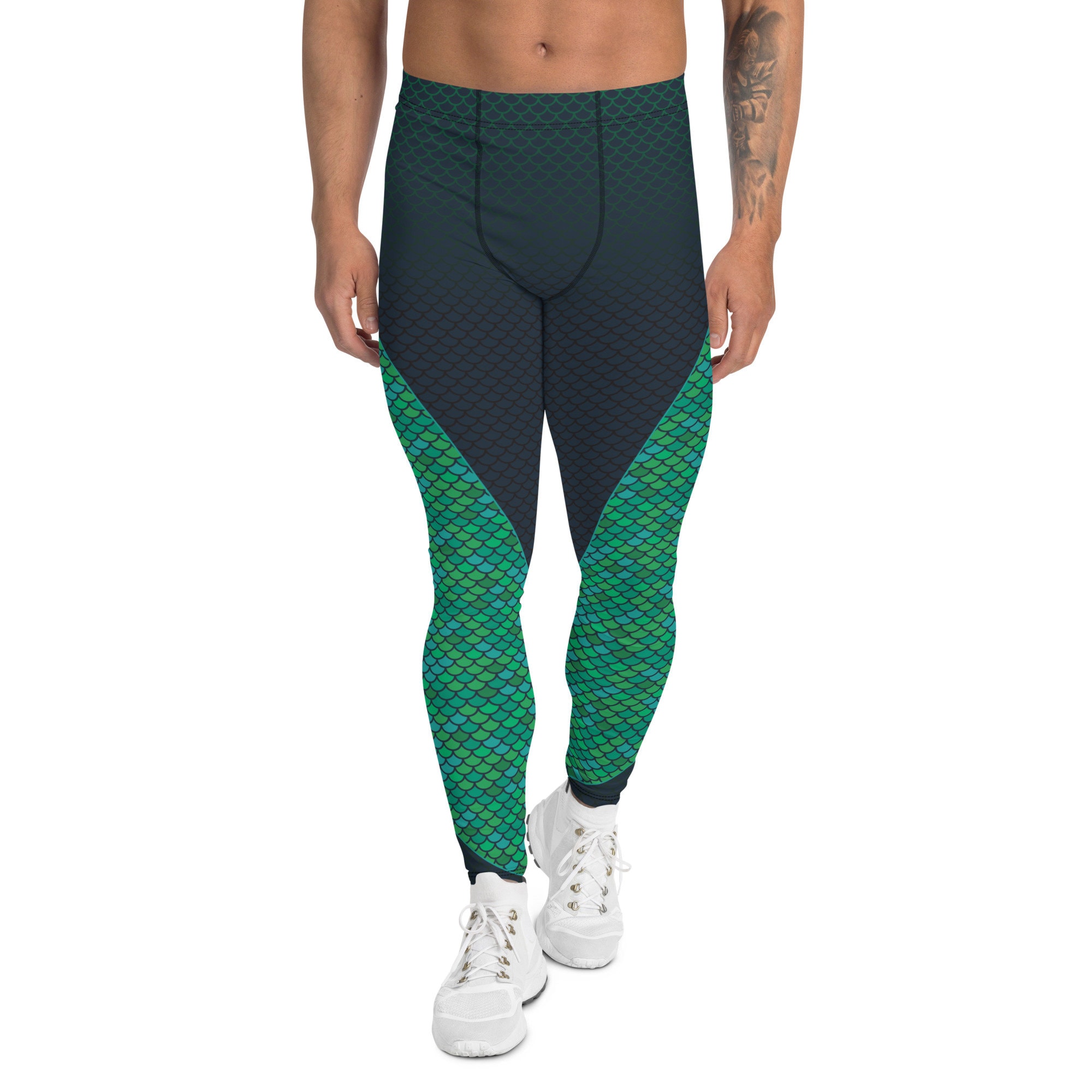 Green Merman Leggings for Men Mermaid Fish Scales Pattern Print Mid Rise Full Length Men's Yoga Pants Perfect for Surfing, Running, BJJ, MMA