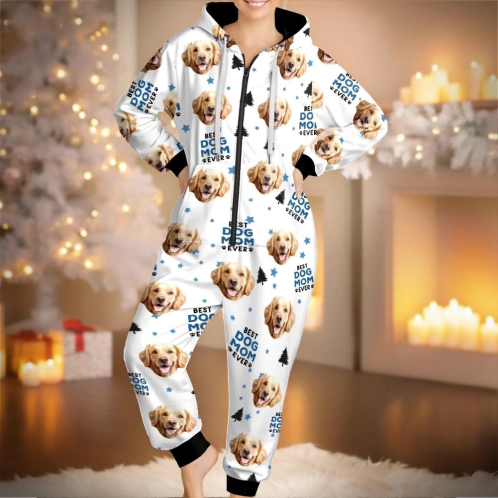 Custom Photo Adult Onesie, Best Dog Mom Ever Pajamas, Christmas Gifts For Dog Cat Lovers, Dog Dad And Mom,Couple Hooded Onesie Jumpsuits