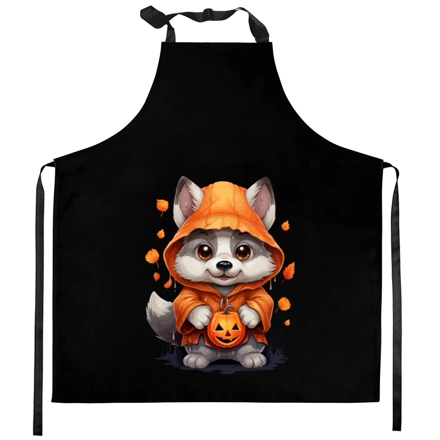 Cute Halloween Wolf With Pumpkin Lanterns Kitchen Aprons
