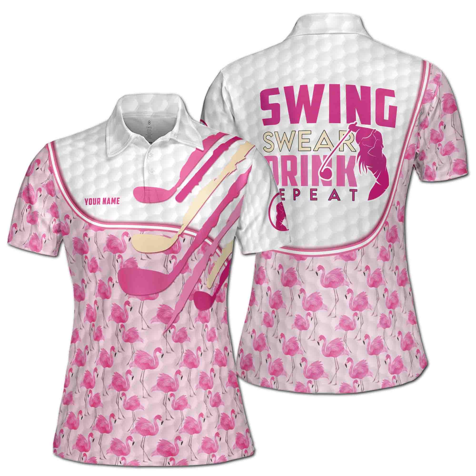 Custom Name Pink Flamingo Swing Swear Drink Repeat Golf Women's Polo Shirt