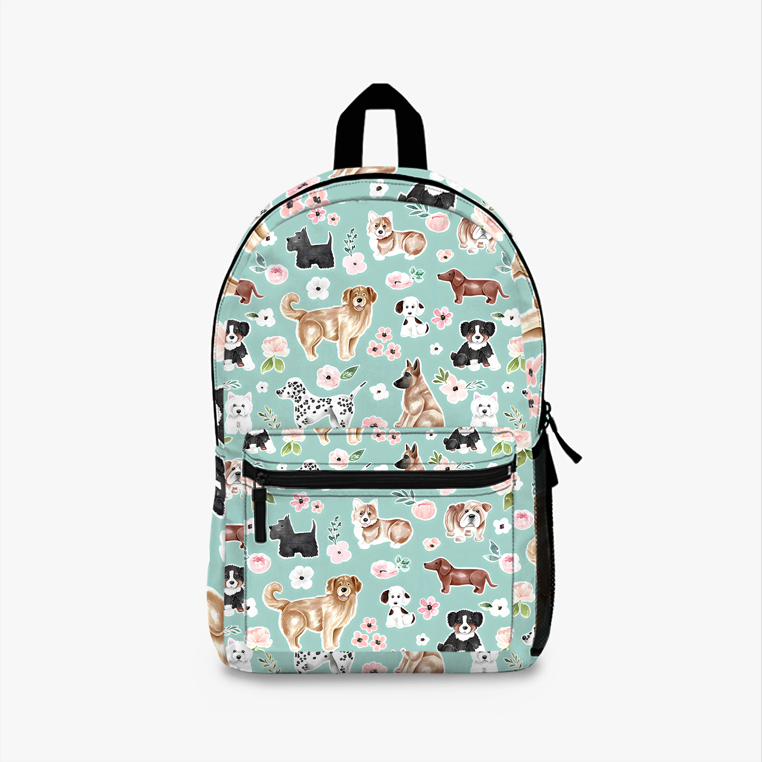 Watercolor Dogs and Flowers on Aqua Blue, Puppy Dog Art Backpack