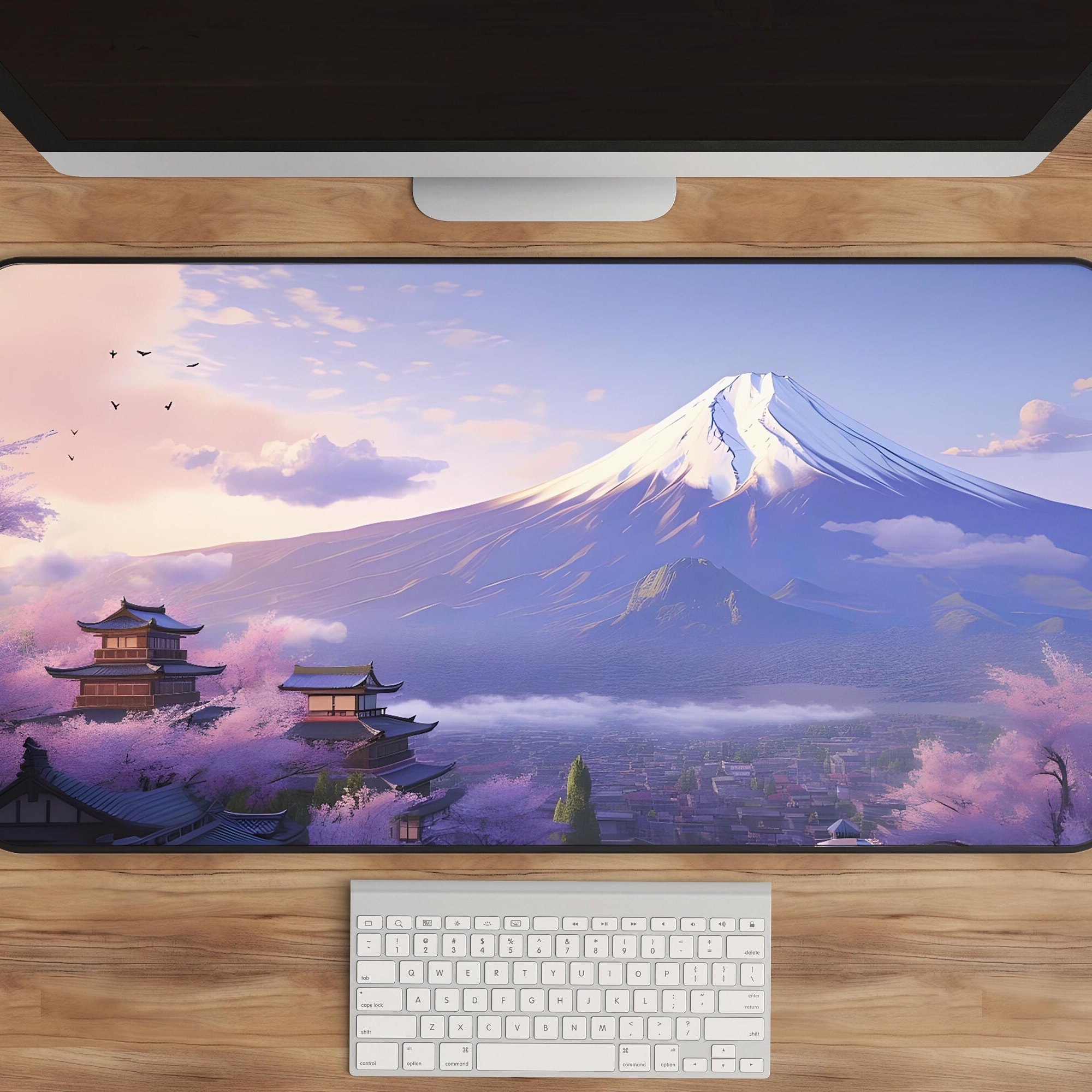 Japanese Inspired Desk Mat with Mount Fuji & Floral