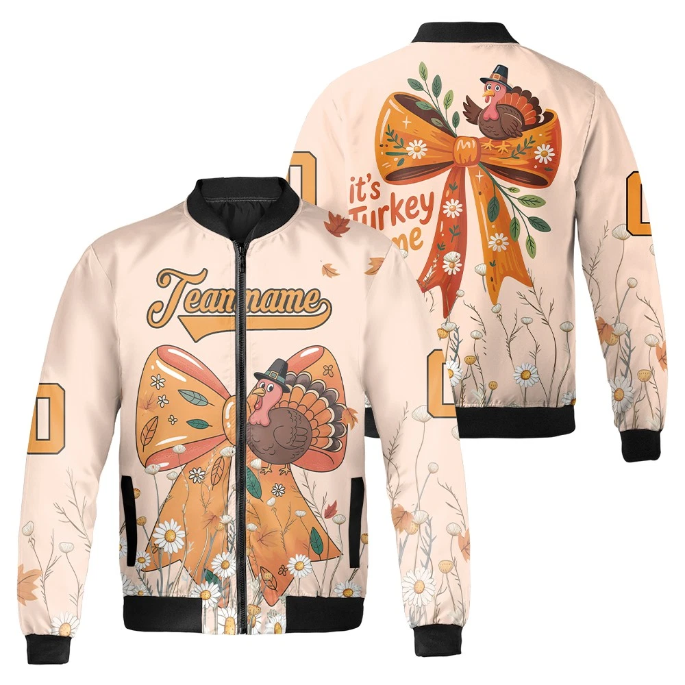 Personalized Turkey Coquette Bow It's Turkey Time Thanksgiving Day Bomber Jacket