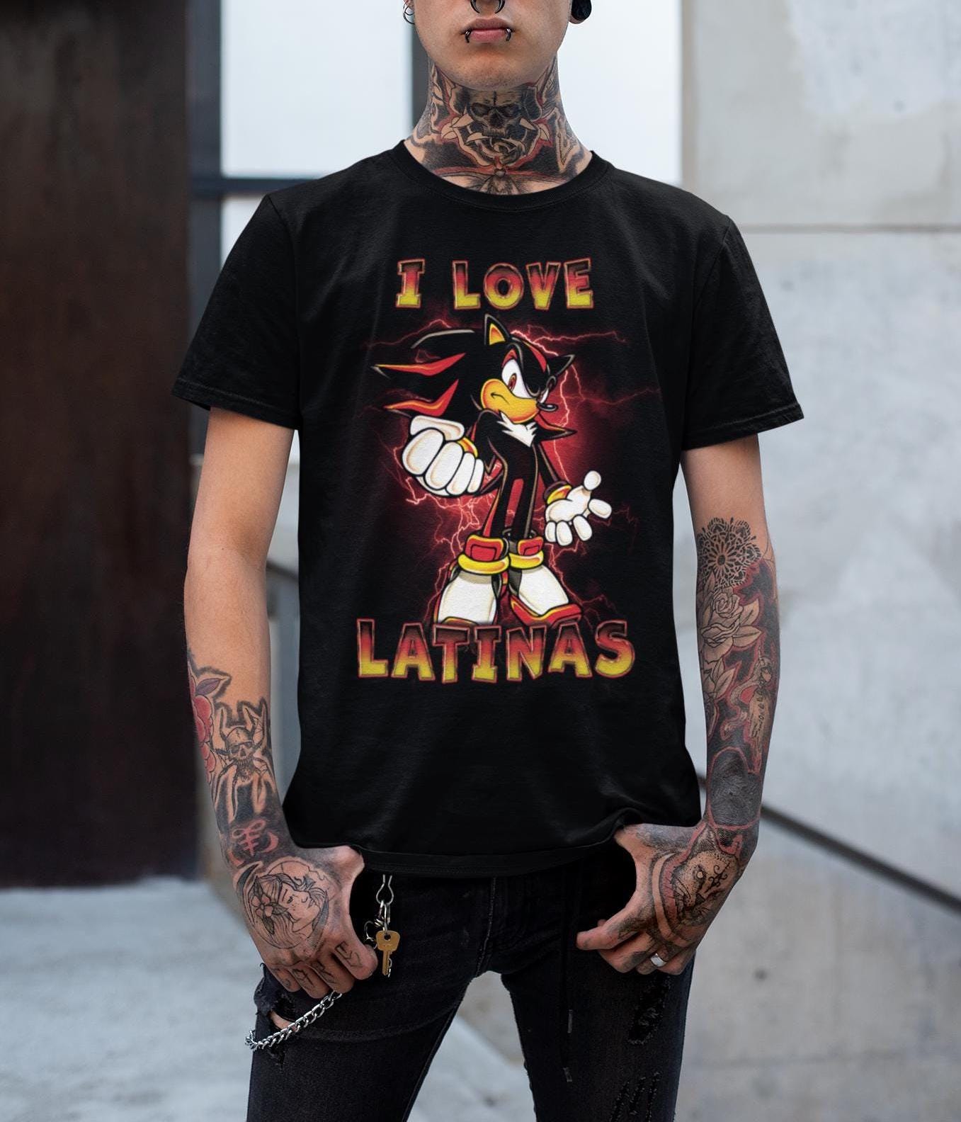 Shadow Loves Latinas T-Shirt | Unique Vintage Meme Tee | Stylish Nerdy Gift for Hedgehog Lovers