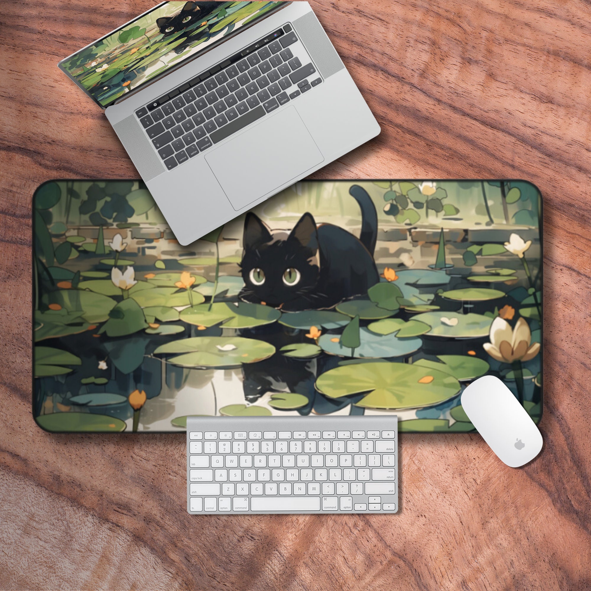 Green Lofi Gaming Mouse Pad, Kawaii Cat Desk Mat