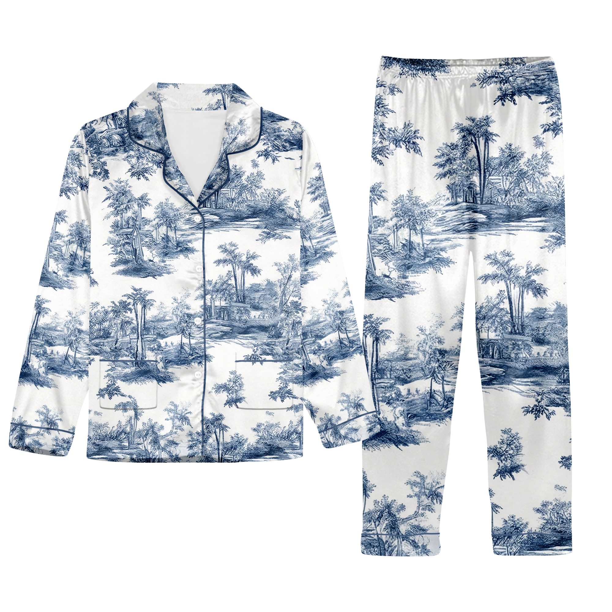 Willow Breeze Memoirs Pjs - Chinoiserie Pjs | Oriental Porcelain Inspired Blue and White Pattern - Bridesmaids Getting Ready Outfits