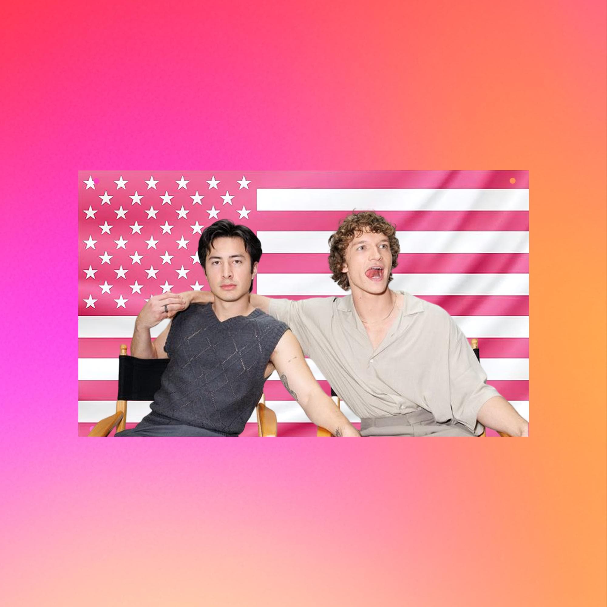 Hudson Williams & Connor Storrie Flag | Pink US Aesthetic Duo Tapestry | Celebrity Duo Wall Decor | Dorm Frat Room Flag