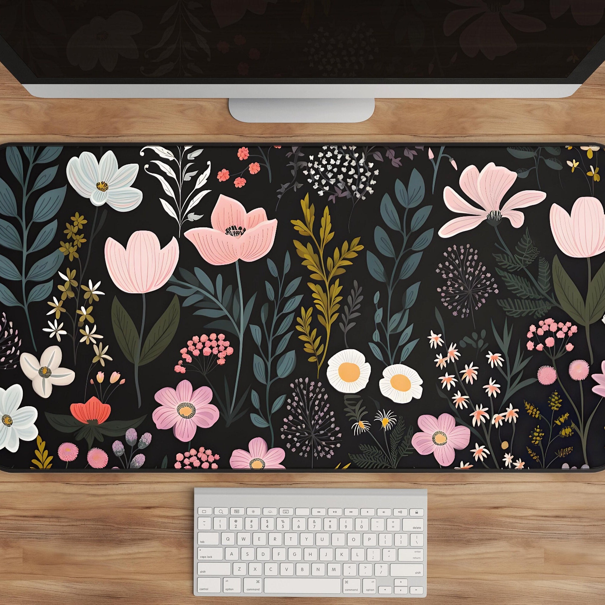 Floral Desk Mat Cottagecore Pink & Black Botanical Office Decor