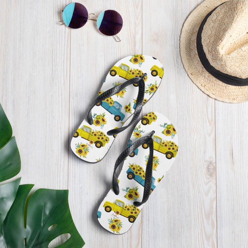 Sunflower Pick-up Truck Flip-Flops unisex Flip-Flops Fun a Comfy Beach Pool Lake Flips Flops gift flip flops thong sandals classic