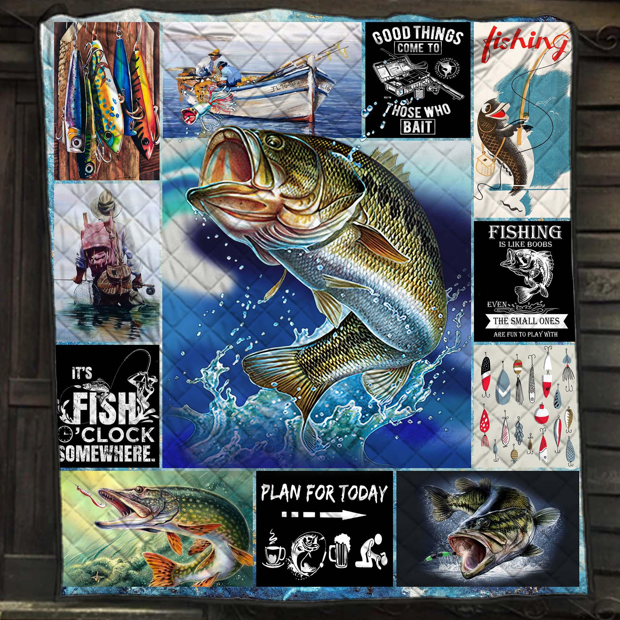 Fishing Quilt Blanket, Bass Fish Lake Decor, Fisherman Gift