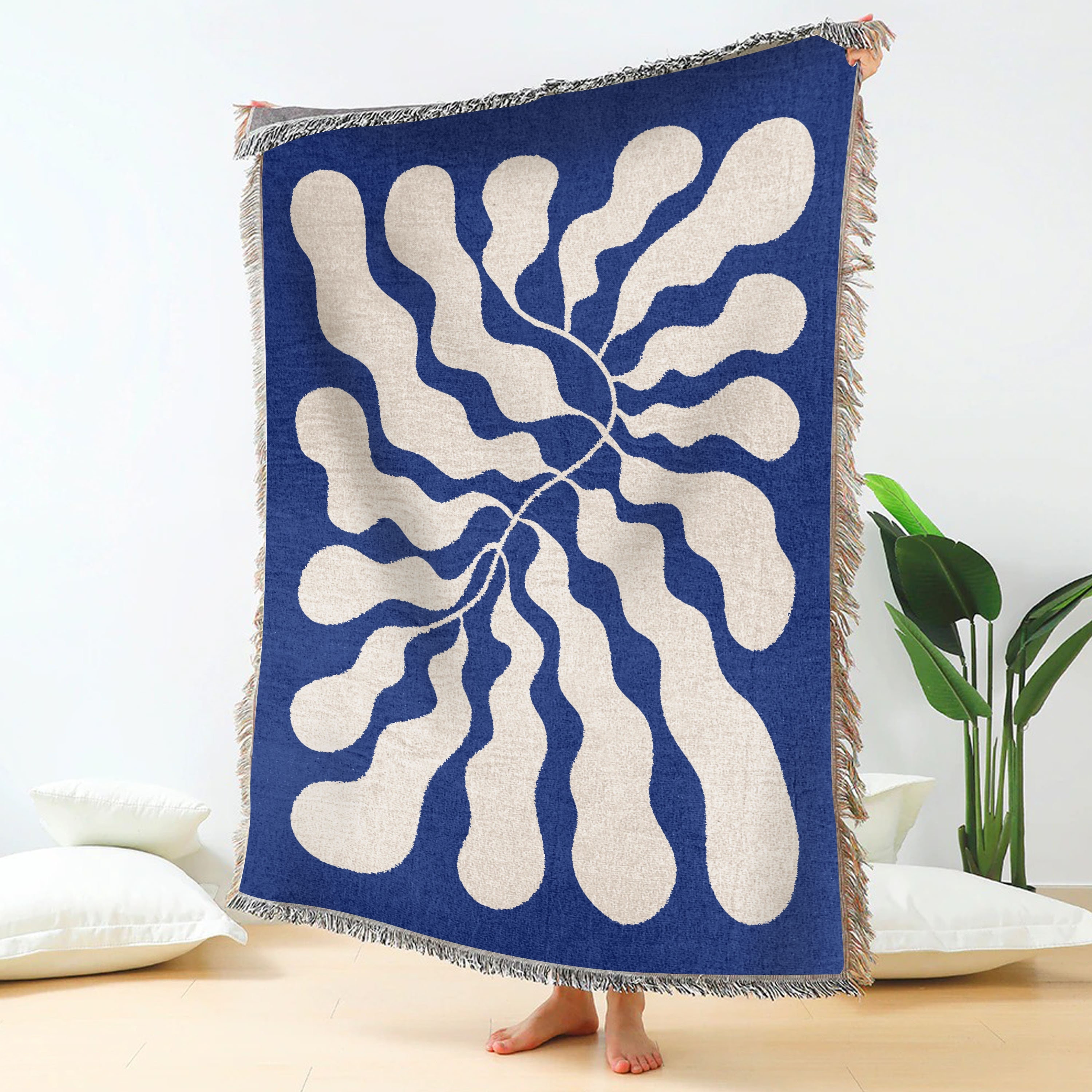 Blue Matisse Leaf Woven Blanket | Earth Tone Funky Tapestry Woven Blanket | Fringe Sofa Blankets