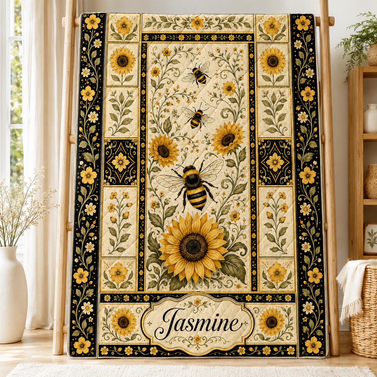 Personalized Sunflower and Bee Quilt Blanket, Custom Name Floral Bedding, Garden Lover Gift
