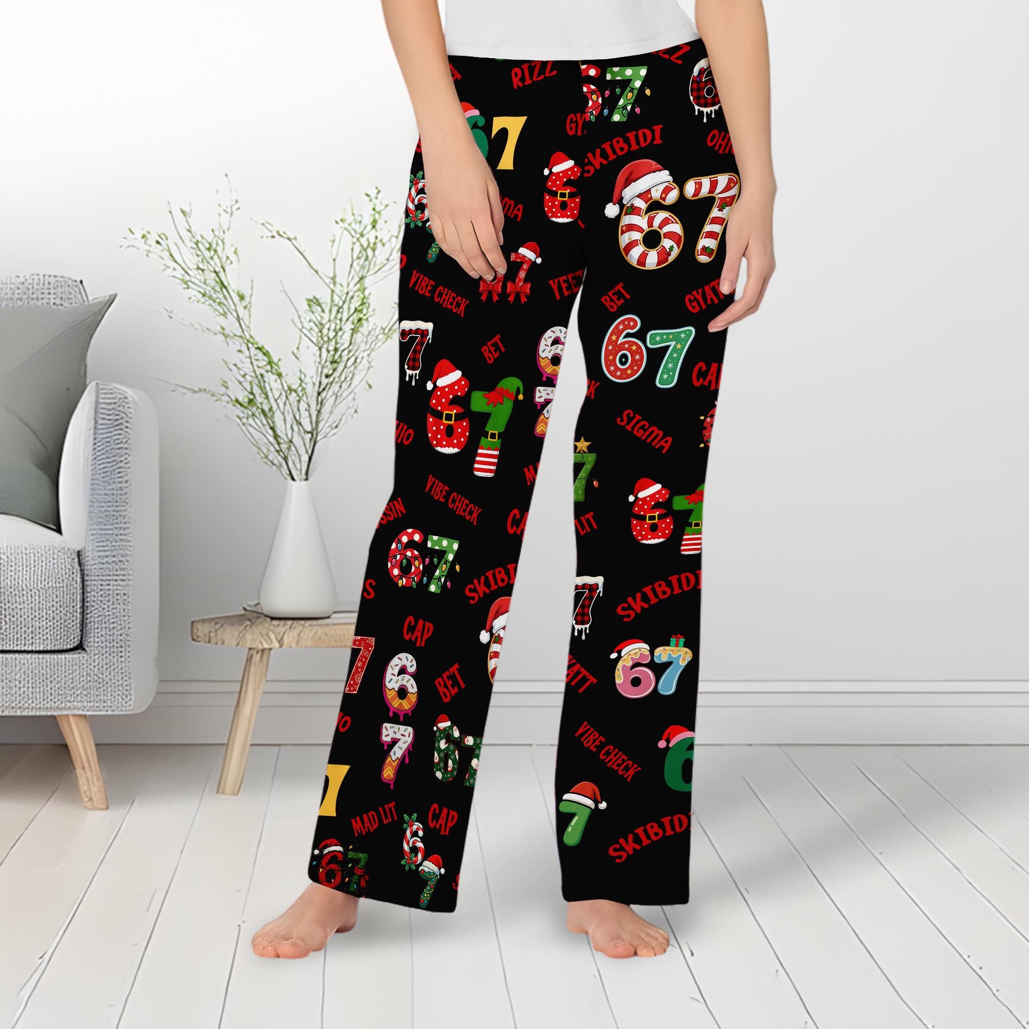 Women’s Christmas Pajama Pants with Funny 67 Meme Print, Trendy 67 Viral Slang Design