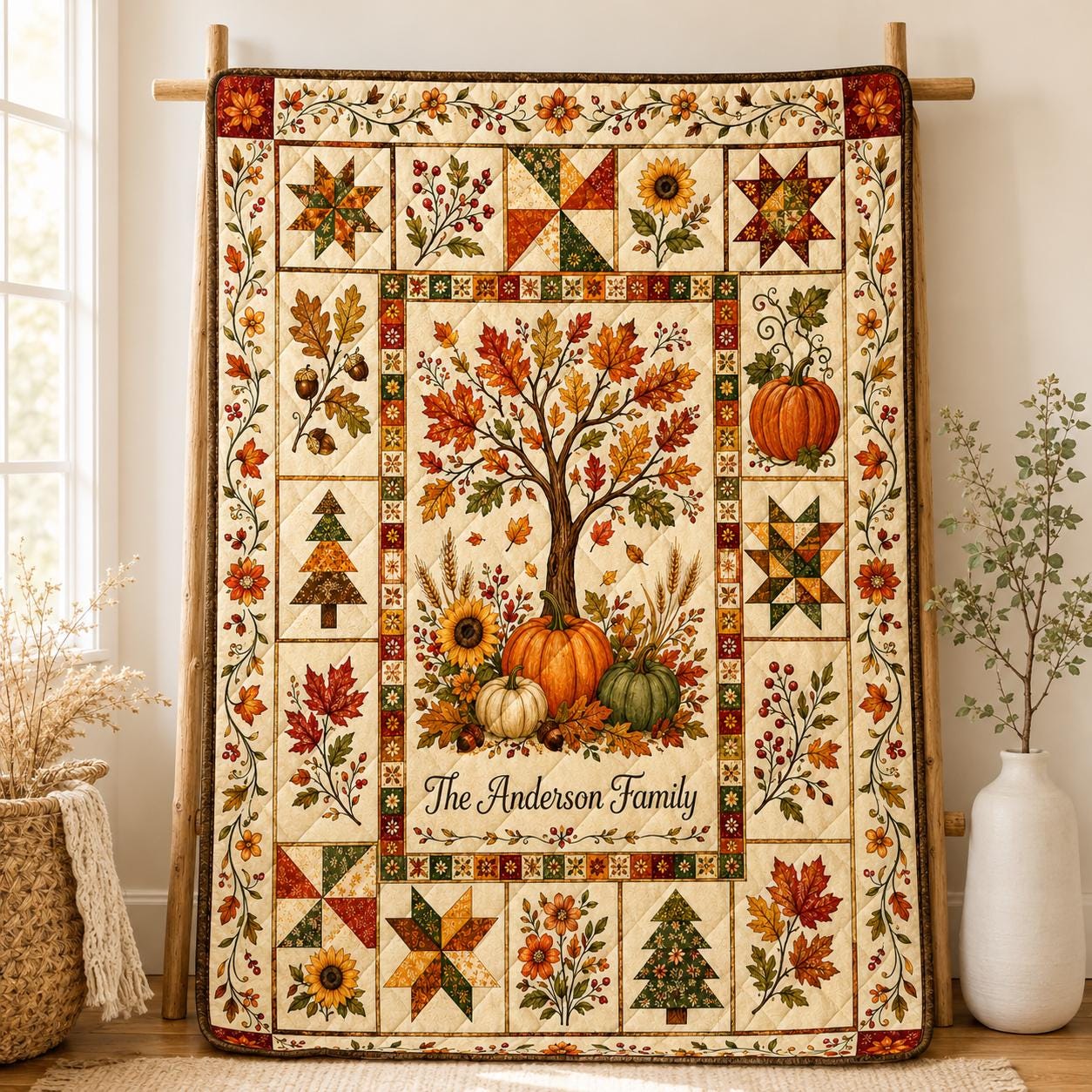 Personalized Fall Quilt Blanket, Custom Family Name Autumn Harvest Throw, Pumpkin Sunflower Farmhouse Quilt