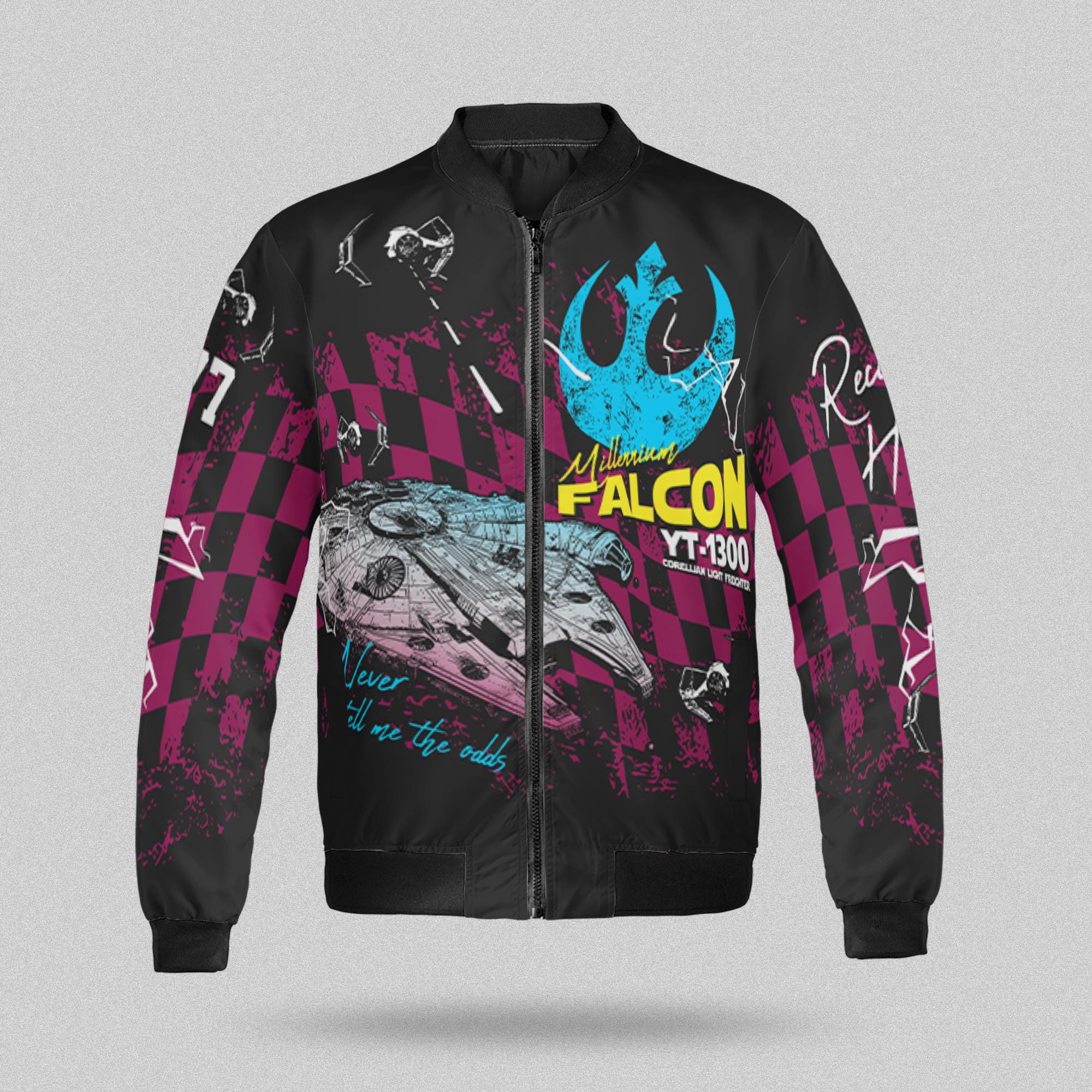Star Wars Checkered Millennium Falcon Bomber Jacket, Never Tell Me The Odds Streetwear, Galaxy's Edge Outfit, Star Wars Day Matching Shirt