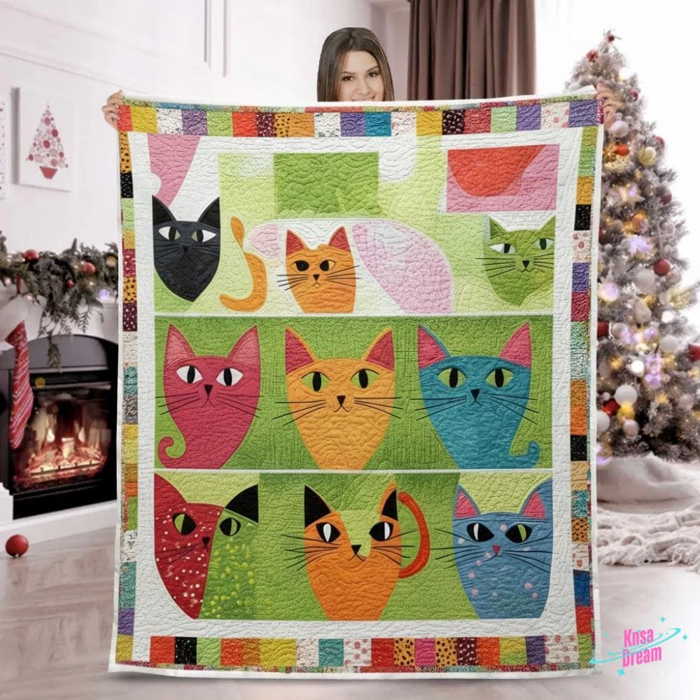 Colorful Cat Face Quilt, Kitten Pop Art Blanket