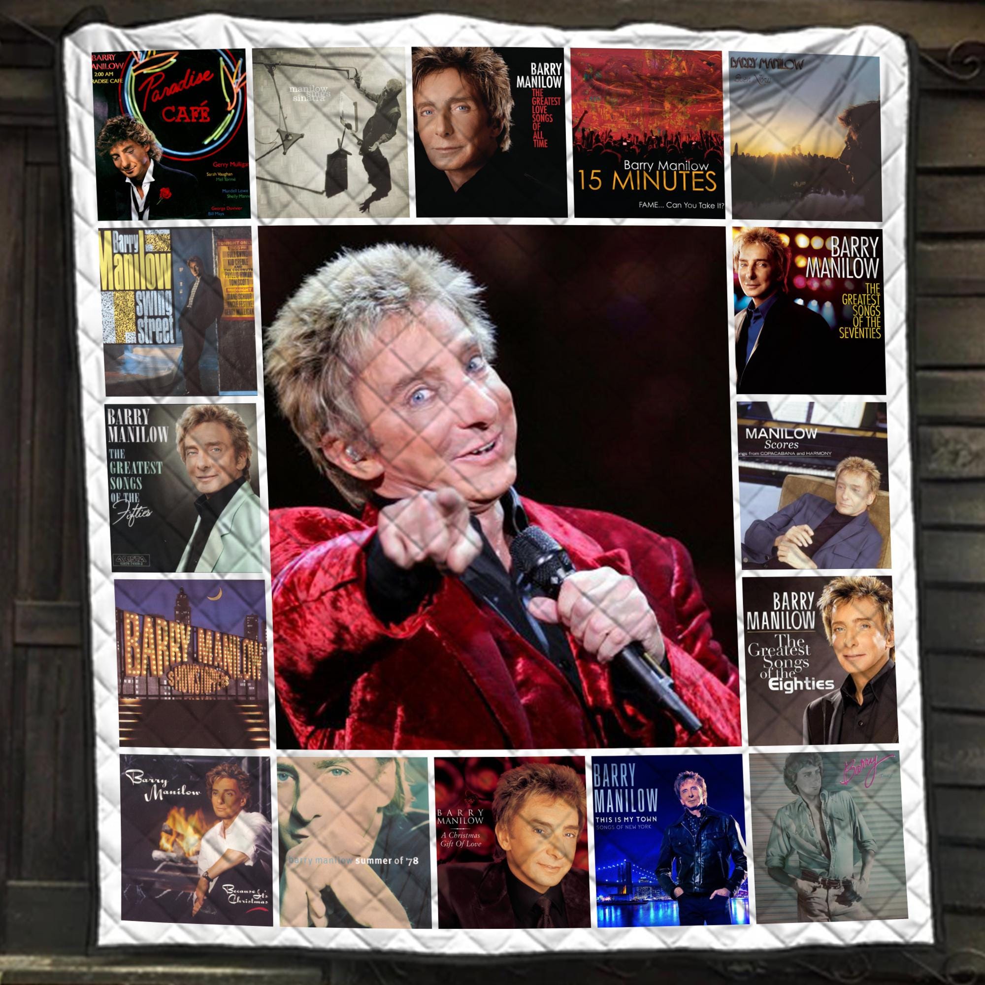 Manilows Collage Blanket, 70s Pop Musician Album Art Quilt, Retro Music Fan Memorabilia Quilt Blanket