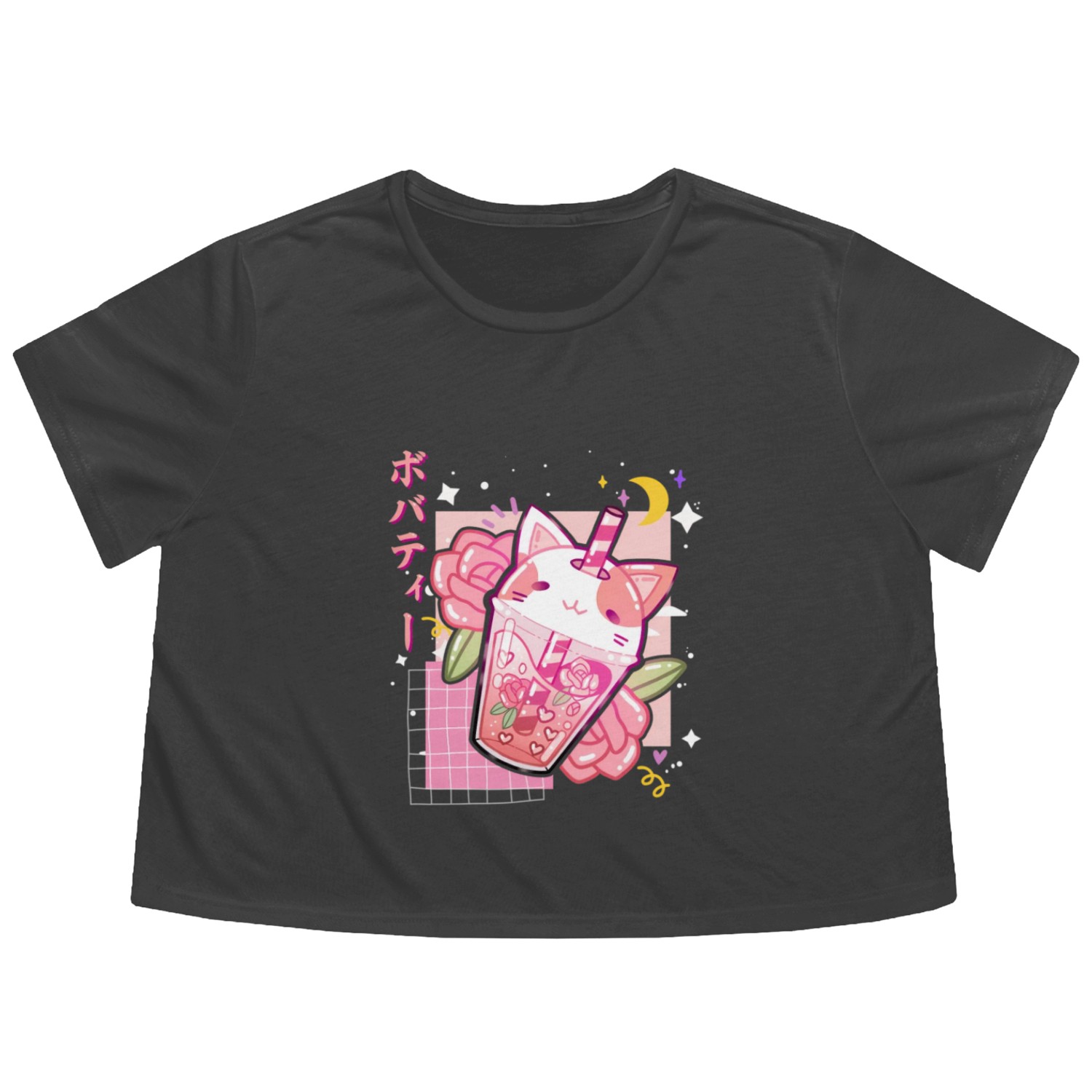 Boba Tea Cat Bubble Tea Kawaii Anime Japanese Flowy Cropped Tees