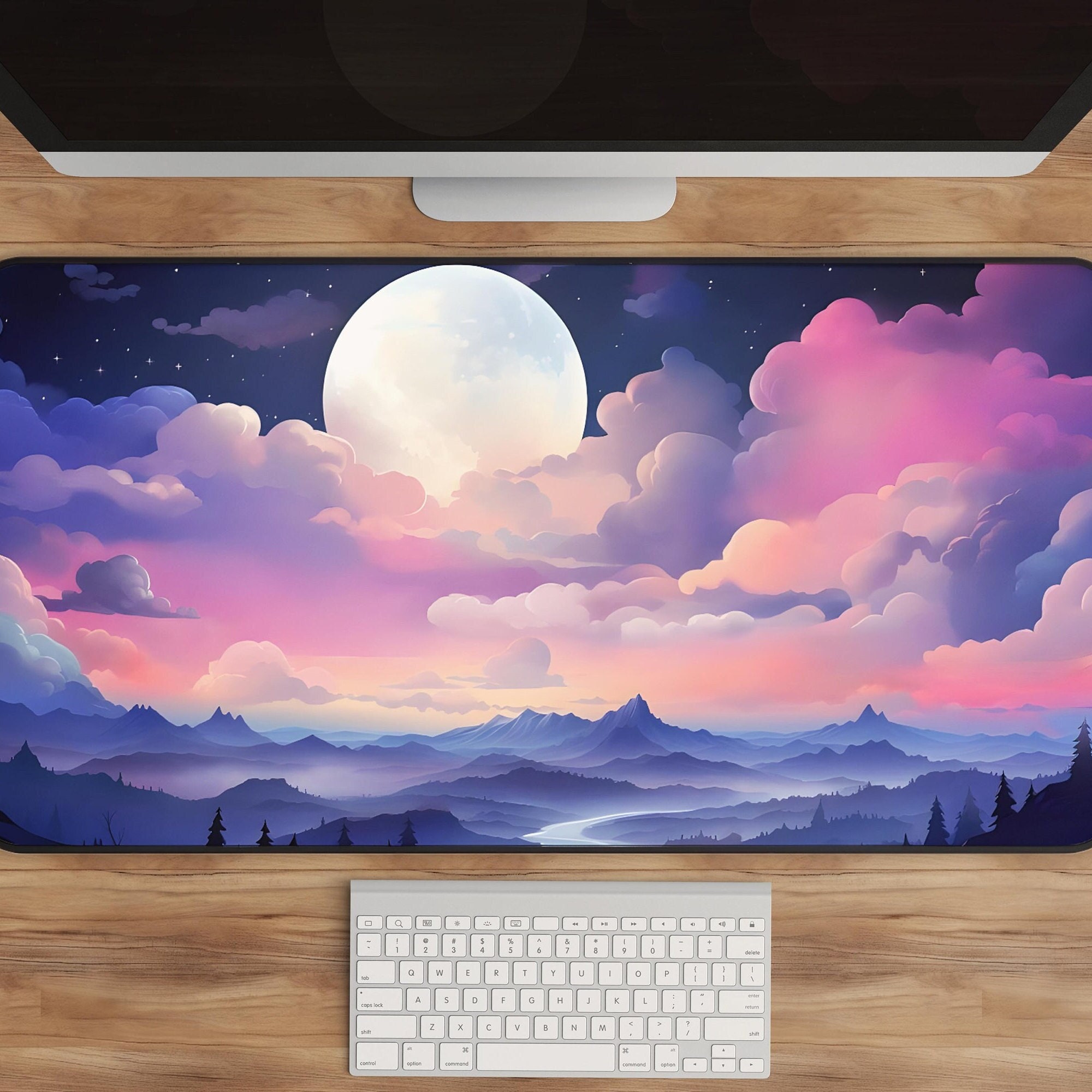 Kawaii Anime Desk Mat - Moonlit Mountain