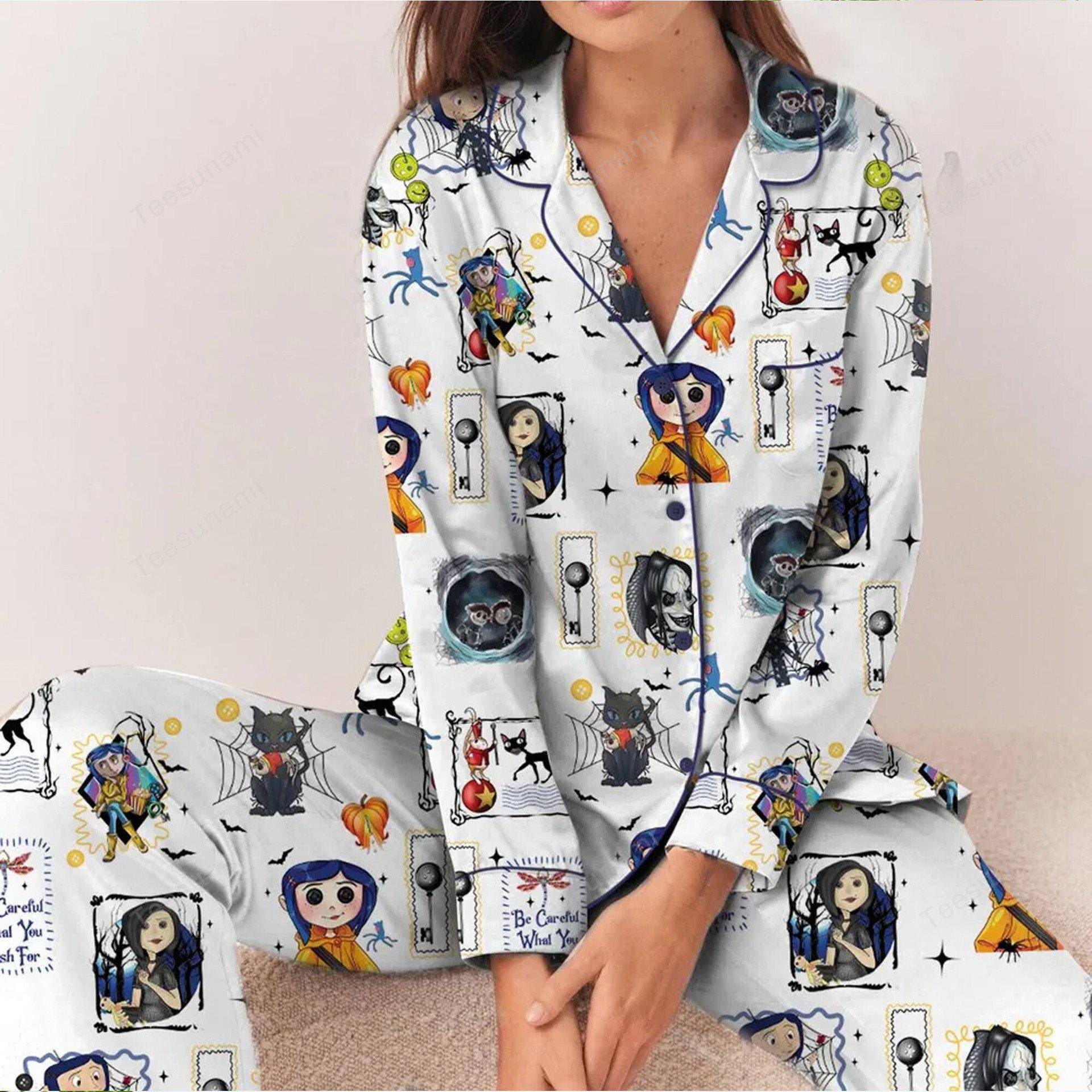 Spooky C0ralin Movie Halloween Pajama Set Gothic Silky Sleepwear, Cozy Nightwear Gift for Women