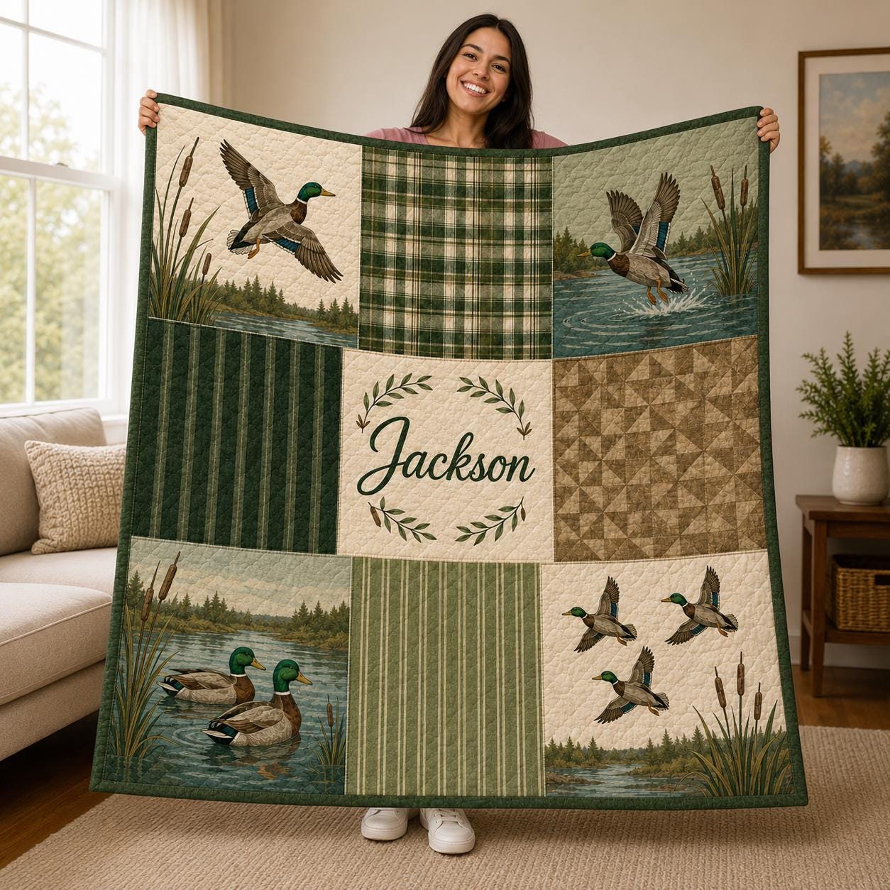 Personalized Duck Hunting Quilt Blanket, Custom Name Mallard Lake, Rustic Plaid Cabin Decor, Outdoorsman Gift for Boys Men