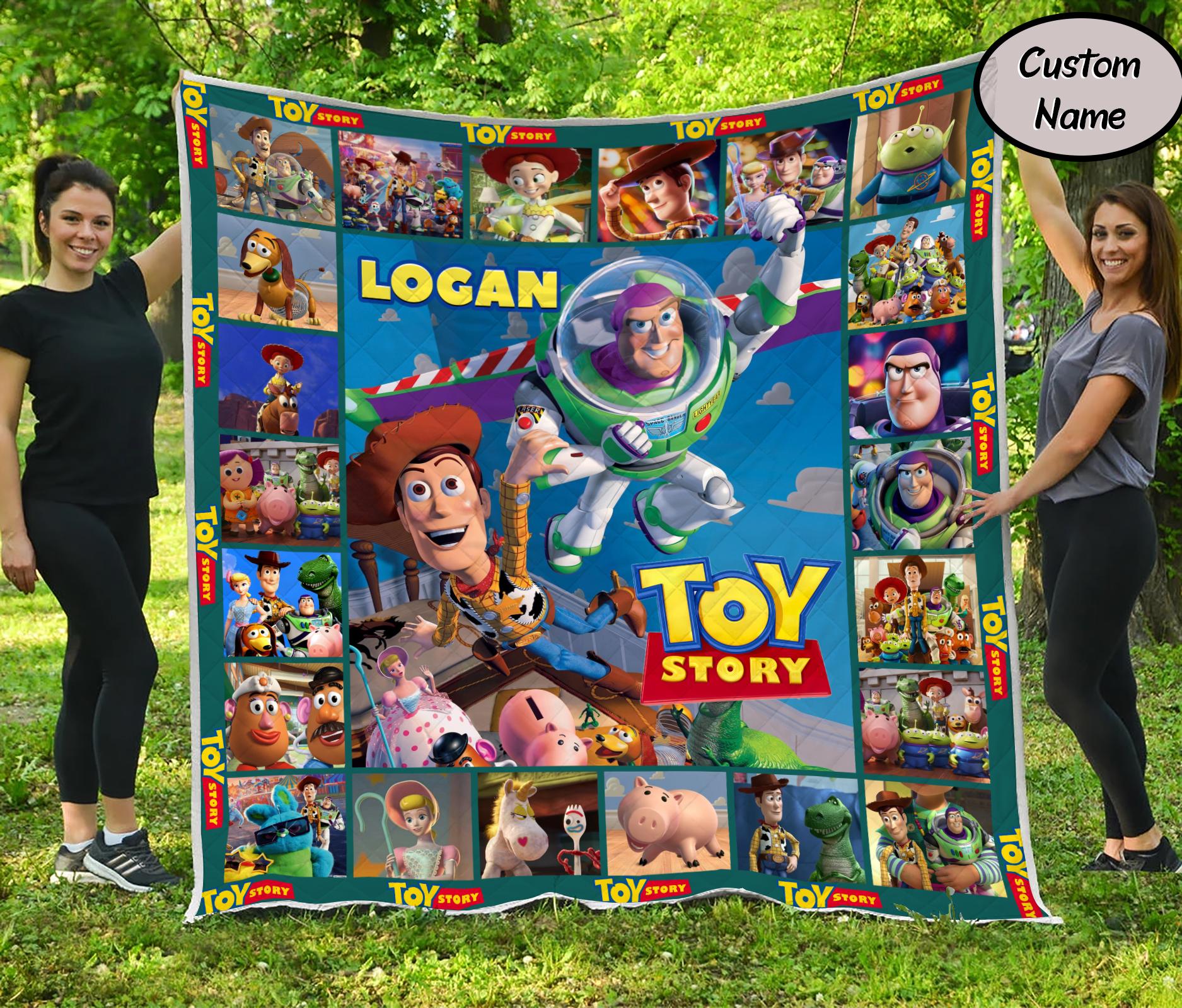 Personalized Toy Story Quilt Blanket for Kids, Custom Name Cartoon Fleece Bed Cover