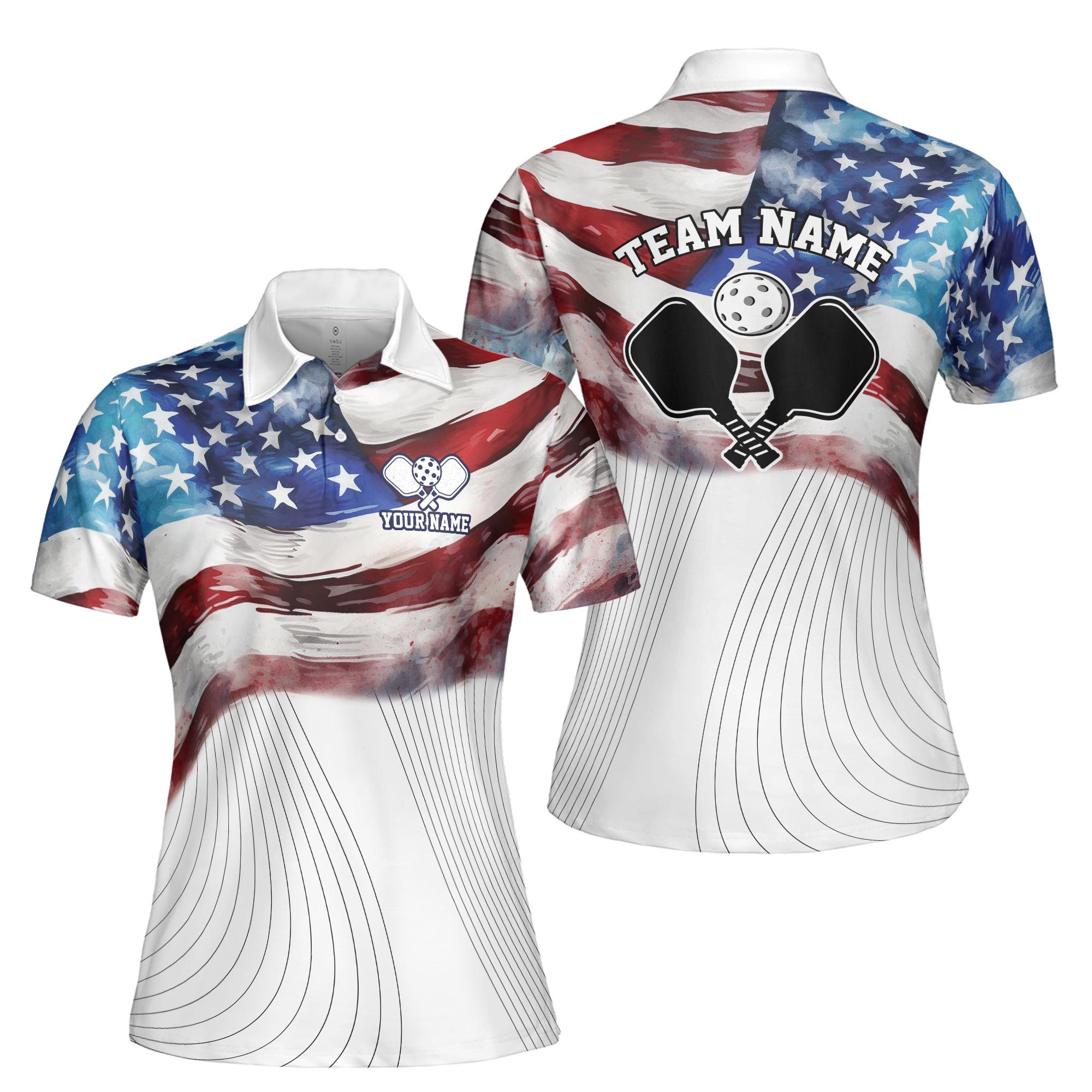 Personalized Name American Flag Patrotic Pickleball Women's Polo Shirt
