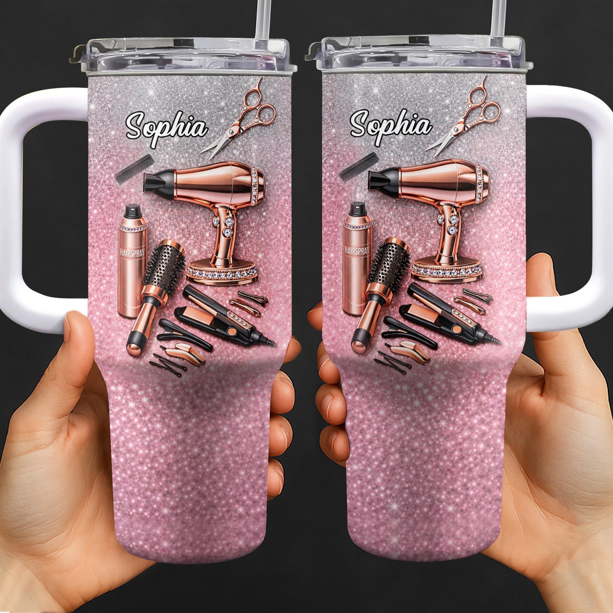 Personalized Hairstylist 40oz Tumbler With Handle, Custom Name Hairdresser Gift, Salon Tools Glitter Travel Mug, Cosmetology Graduation Gift