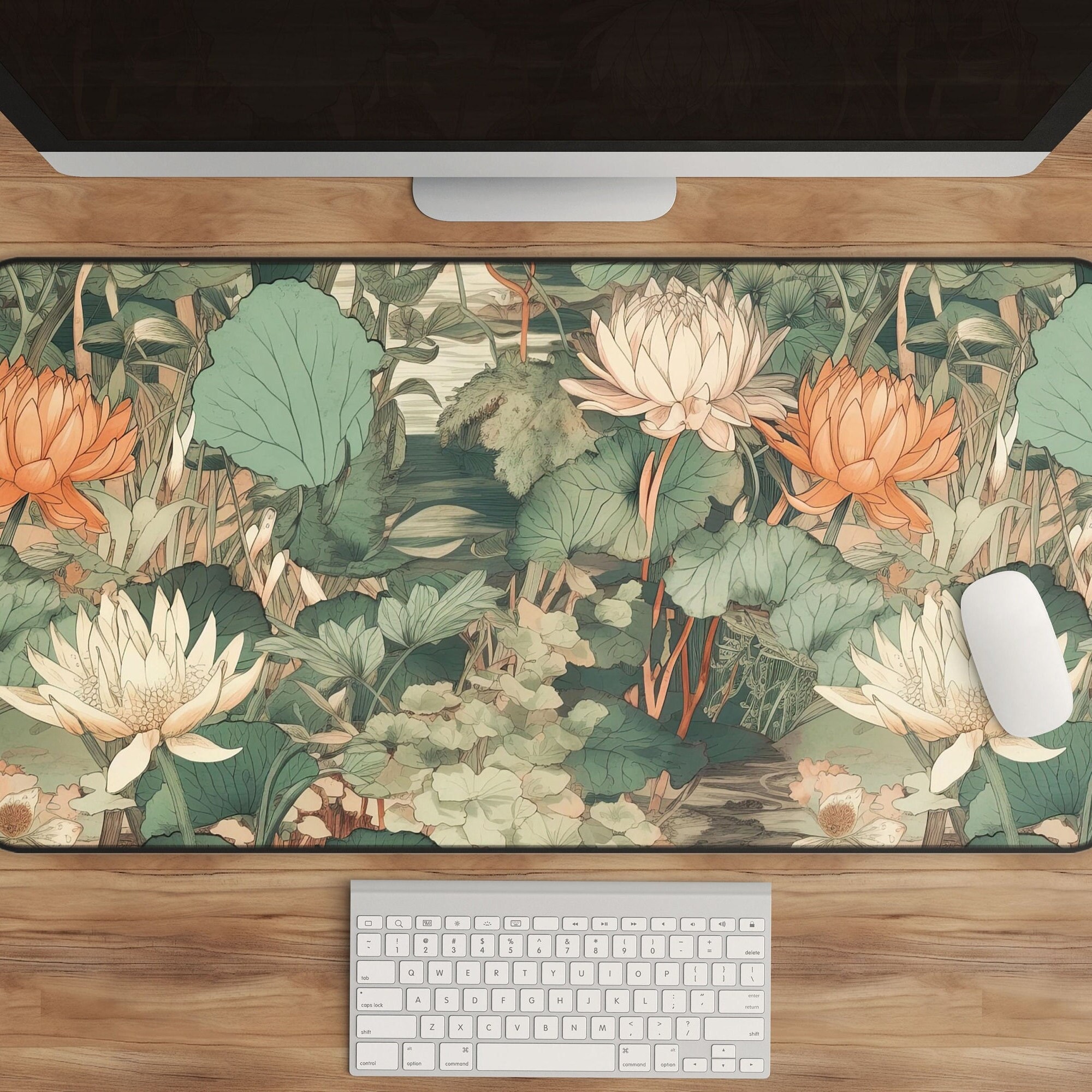 Floral Cottagecore Desk Mat - Asian Lotus & Water Lily Design, Light Emerald and Orange, Botanical Zen Mousepad