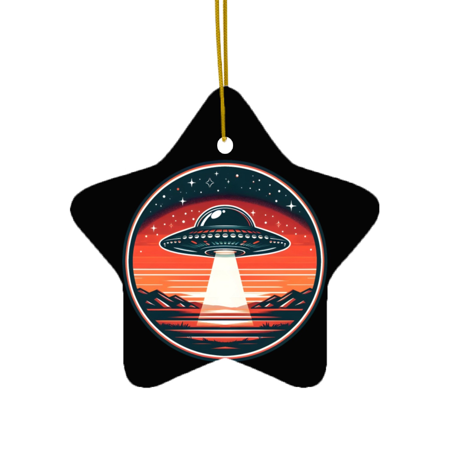 Vintage UFO at Red Sunset Ceramic Ornaments