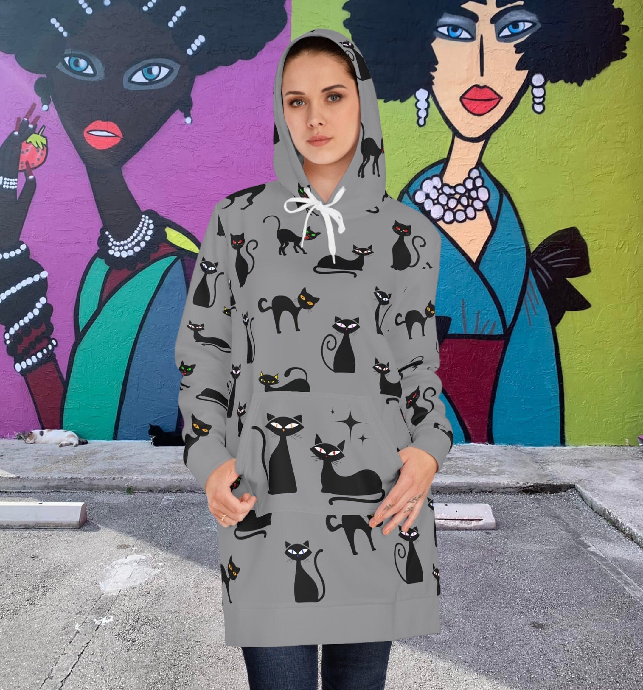 Vintage Black Cats grey Women's Hoodie Dress (AOP)