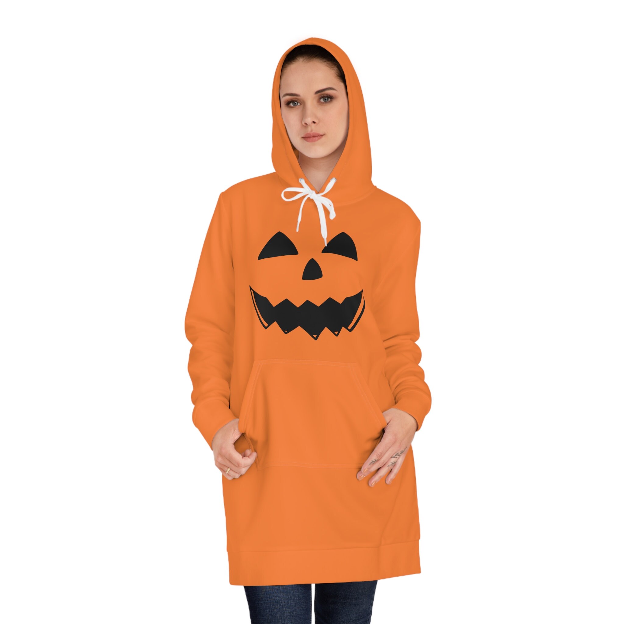 Pumpkin Face Costume Orange and Black Halloween Gifts for Women Girls and Girlfriends Trick Or Treat Jack-O-Lantern Women's Hoodie Dress