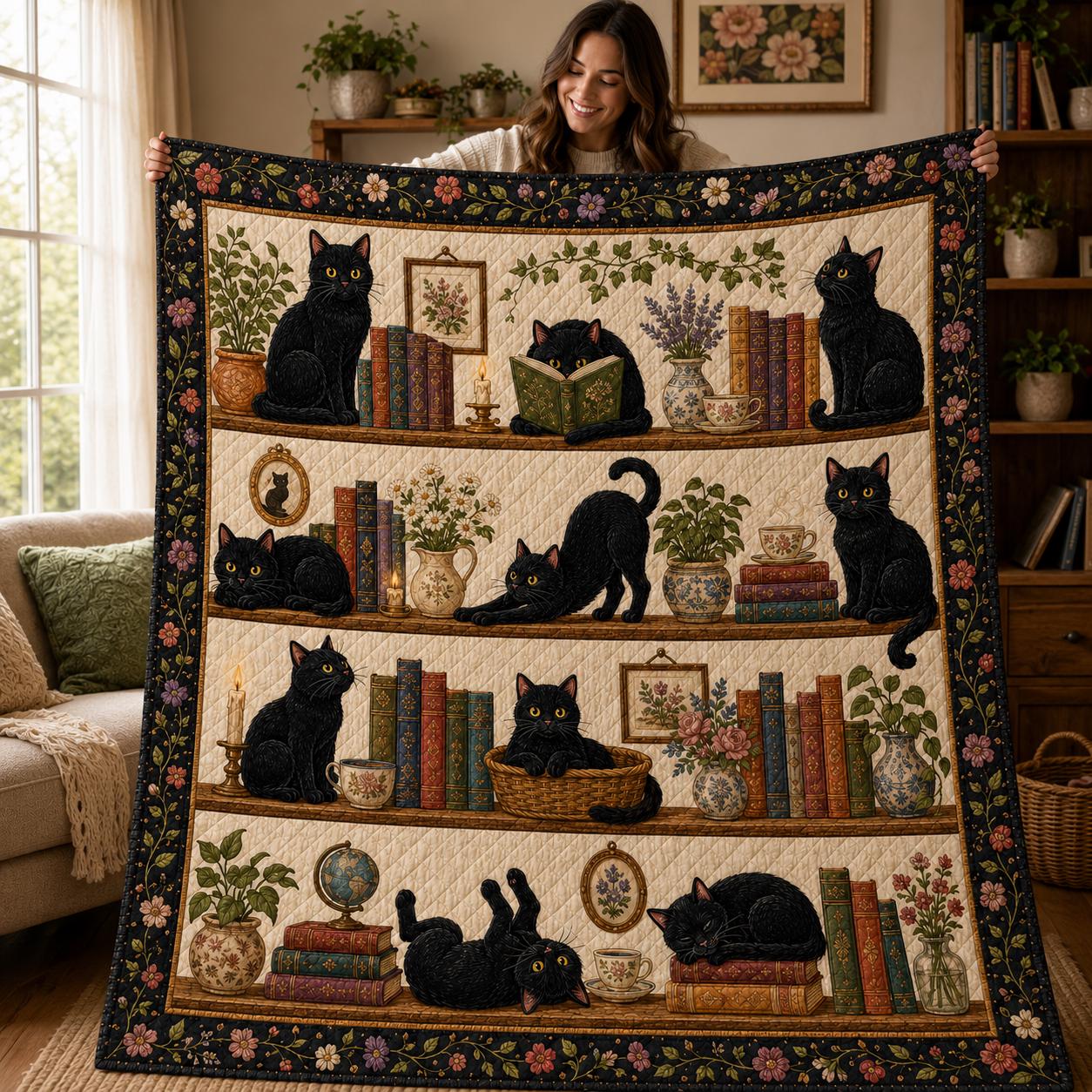 Cat Library Quilt Blanket, Vintage Bookshelf Cozy, Floral Book Lover Quilt, Cat Lover Reading Room