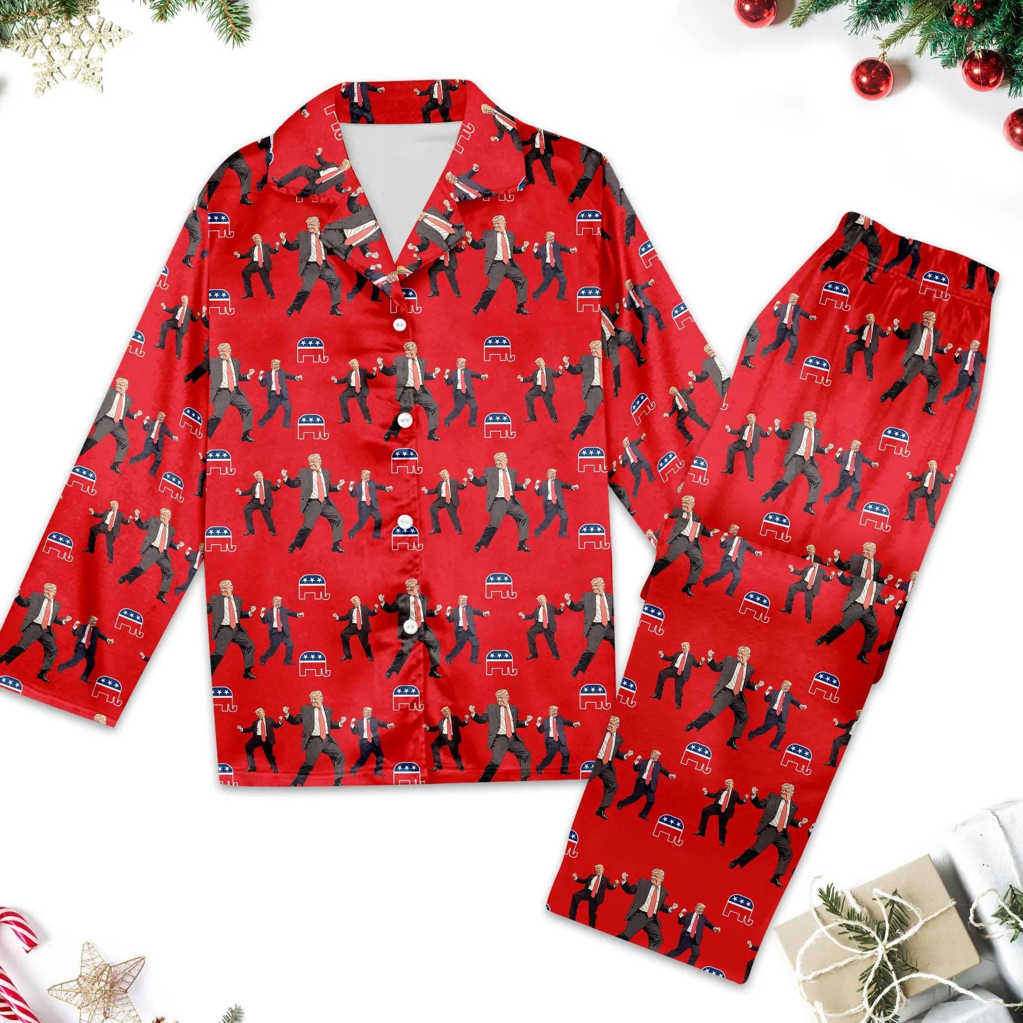 Trump Dancing Unisex Pajamas Set, Trump Family Sleepwear, Trump Christmas Gift for Dad, Cozy Holiday Wear, Trump President Pajamas Shirt