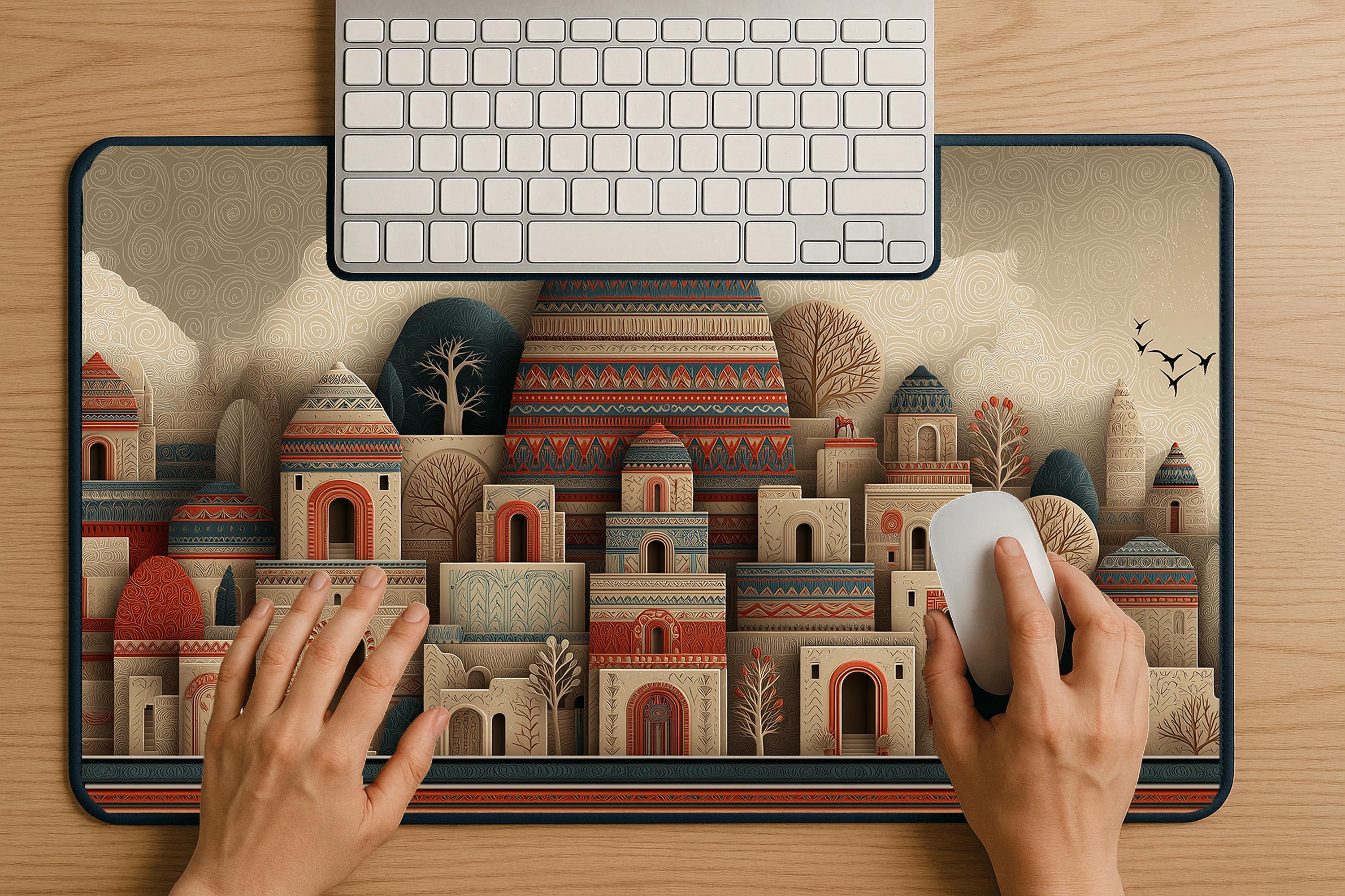Boho Folk Art Cityscape Desk Mat Middle Eastern Decor